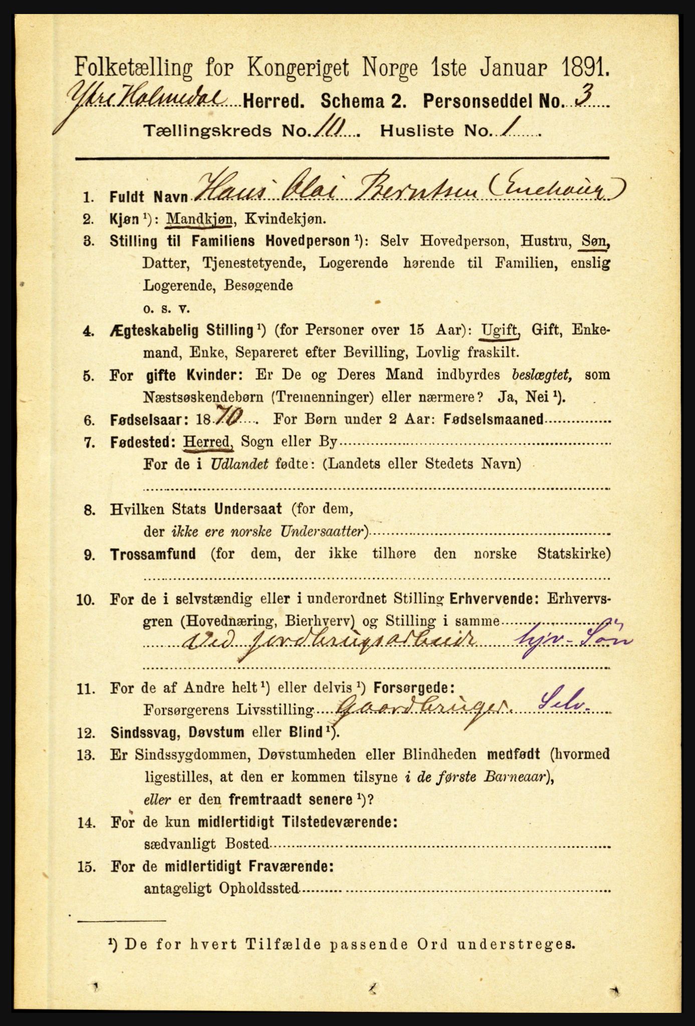 RA, 1891 census for 1429 Ytre Holmedal, 1891, p. 2298