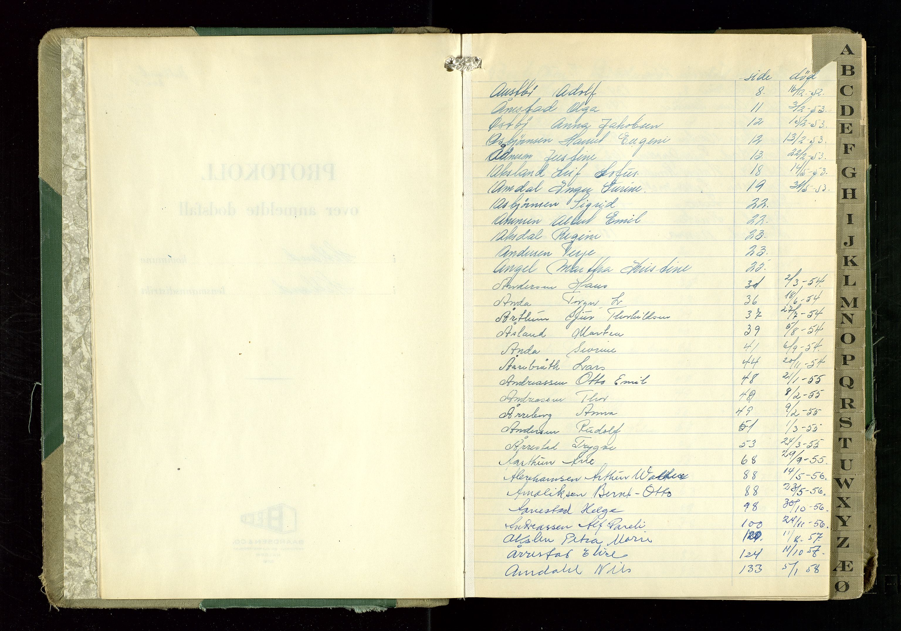 Hetland lensmannskontor, SAST/A-100101/Gga/L0006: "Protokoll over anmeldte dødsfall" (med alfabetisk navneregister), 1952-1959