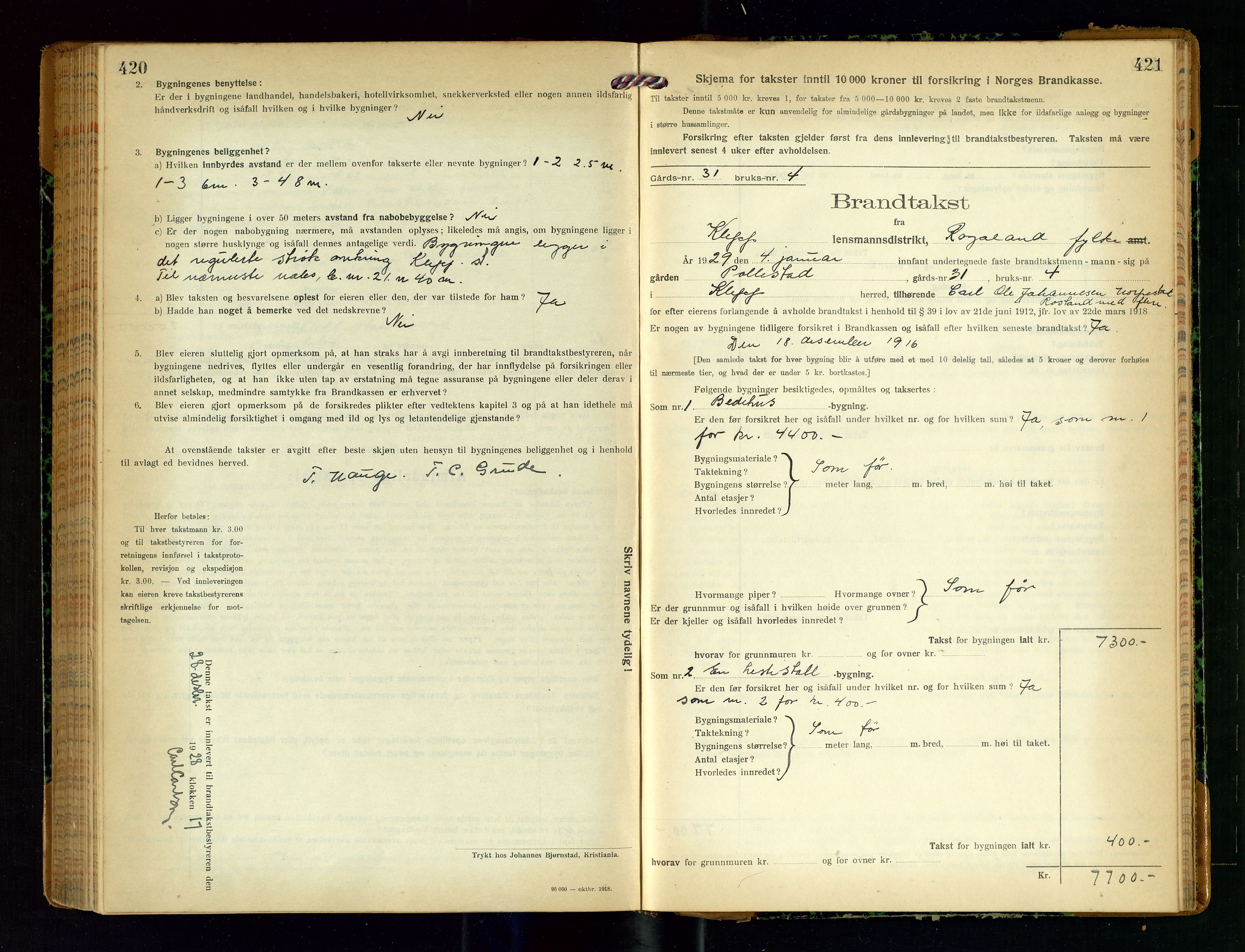 Klepp lensmannskontor, SAST/A-100163/Goc/L0011: "Brandtakstprotokoll" m/register, 1924-1929, p. 420-421