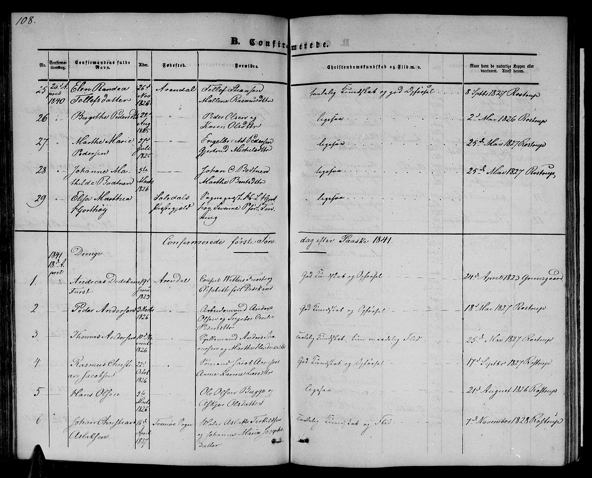 Arendal sokneprestkontor, Trefoldighet, AV/SAK-1111-0040/F/Fb/L0002: Parish register (copy) no. B 2, 1838-1860, p. 108