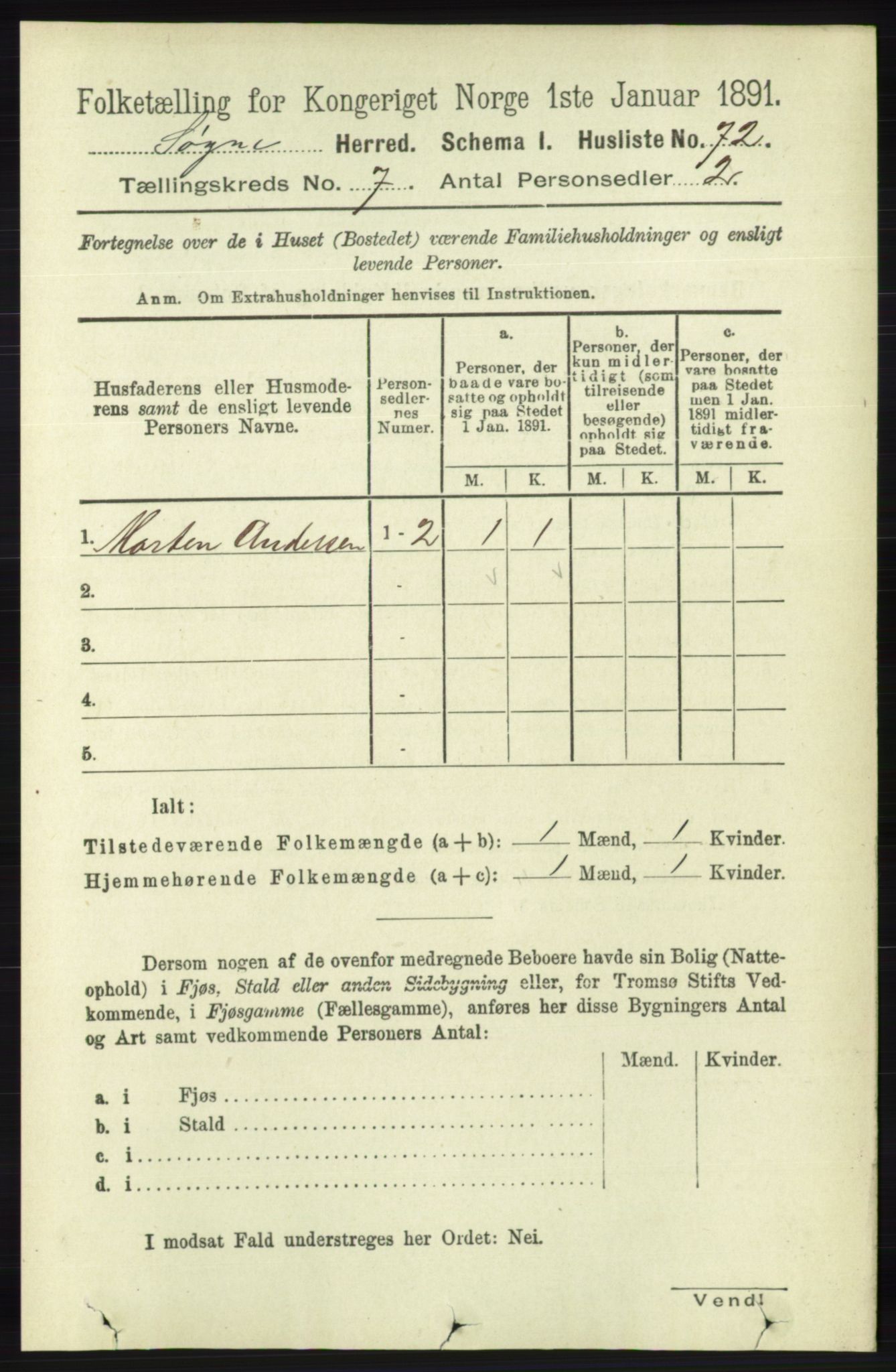 RA, 1891 census for 1018 Søgne, 1891, p. 1495