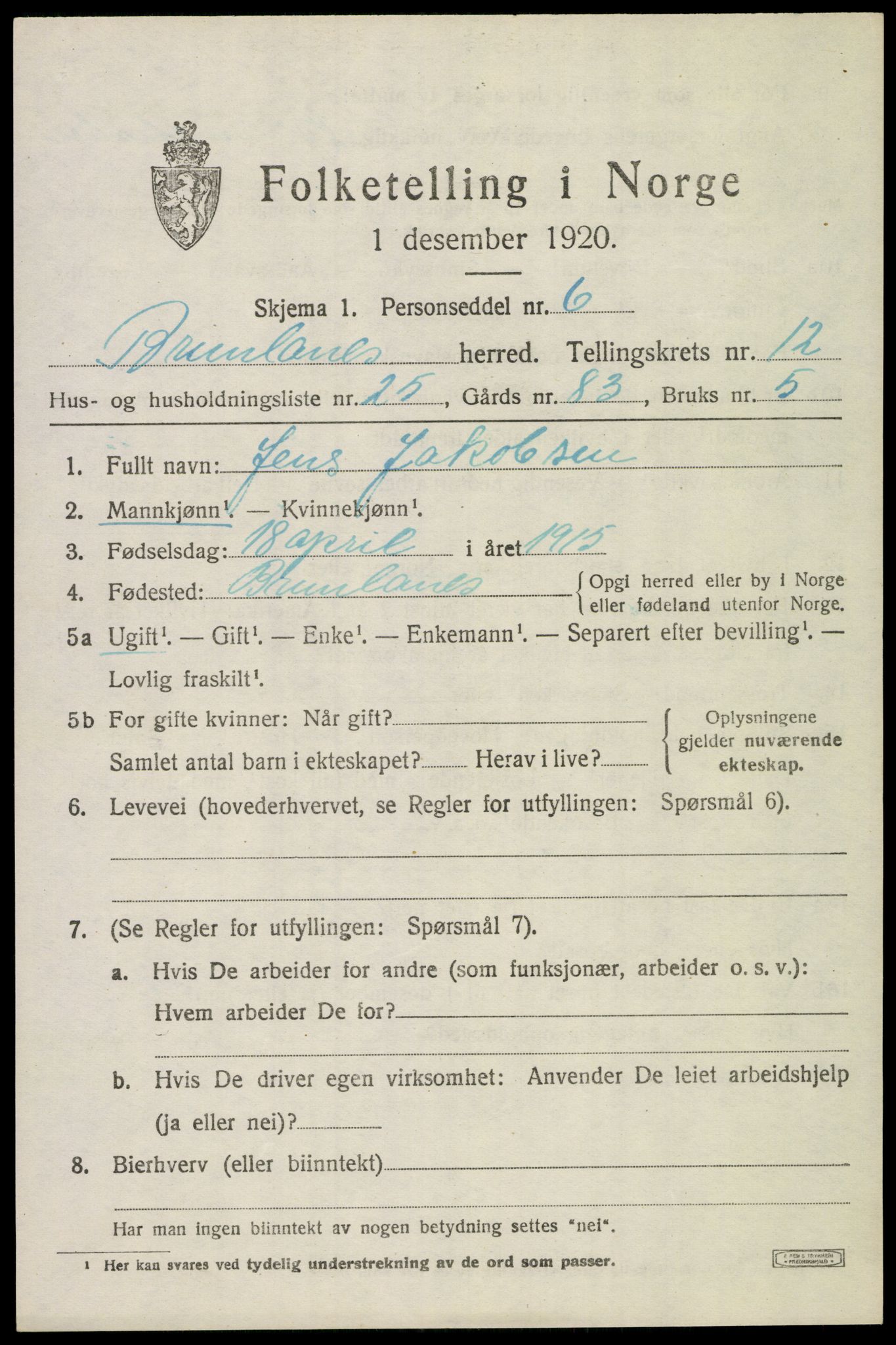 SAKO, 1920 census for Brunlanes, 1920, p. 10779