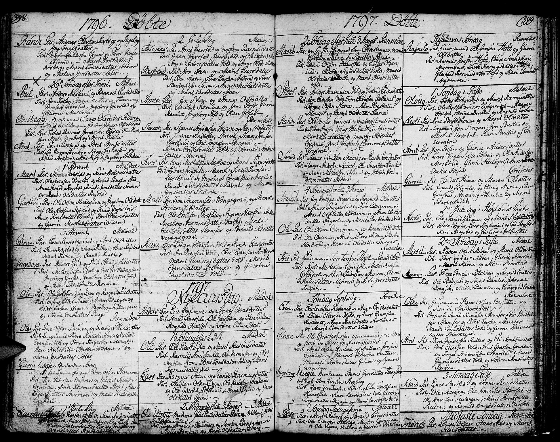 Ministerialprotokoller, klokkerbøker og fødselsregistre - Sør-Trøndelag, SAT/A-1456/672/L0852: Parish register (official) no. 672A05, 1776-1815, p. 398-399
