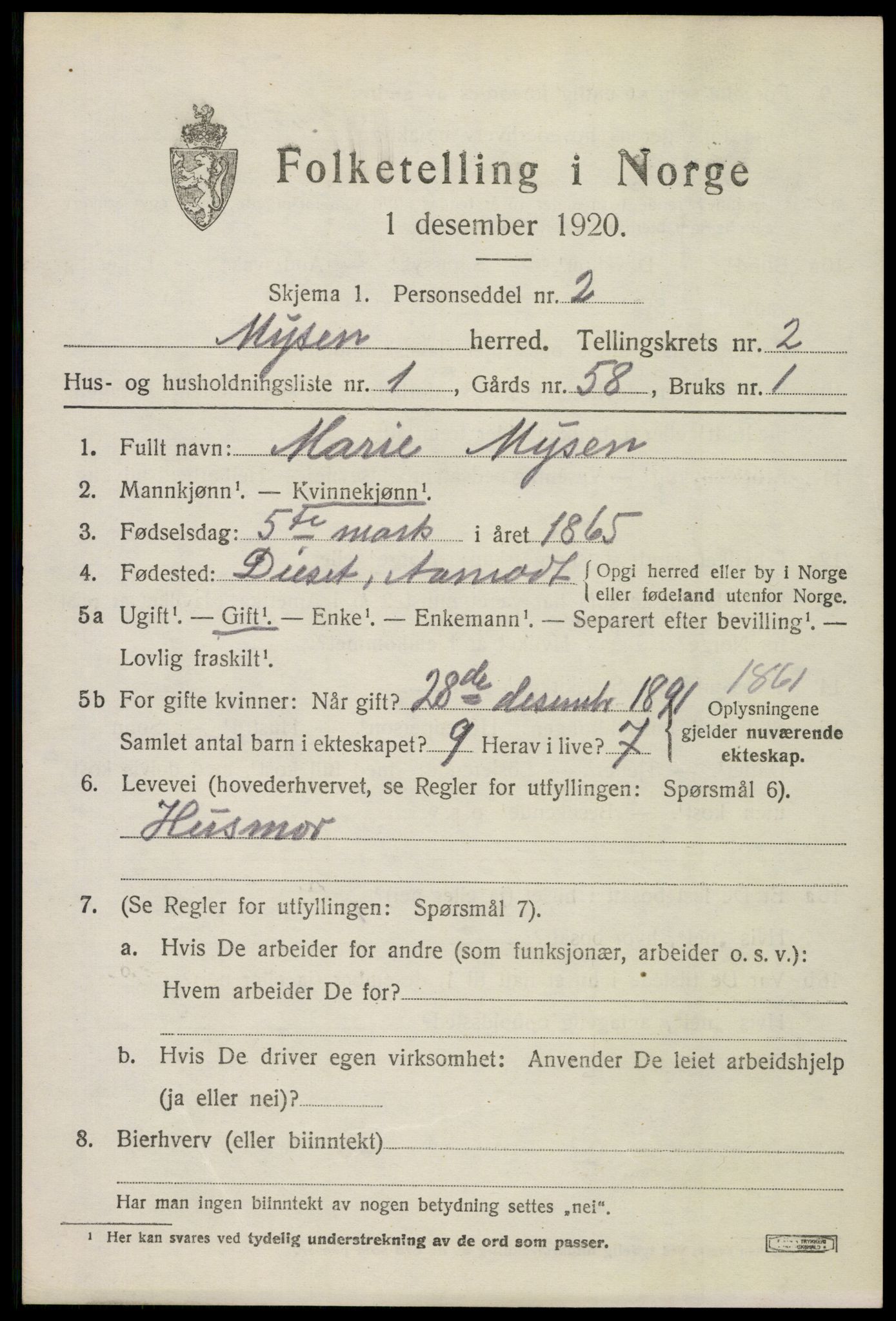 SAO, 1920 census for Mysen, 1920, p. 933