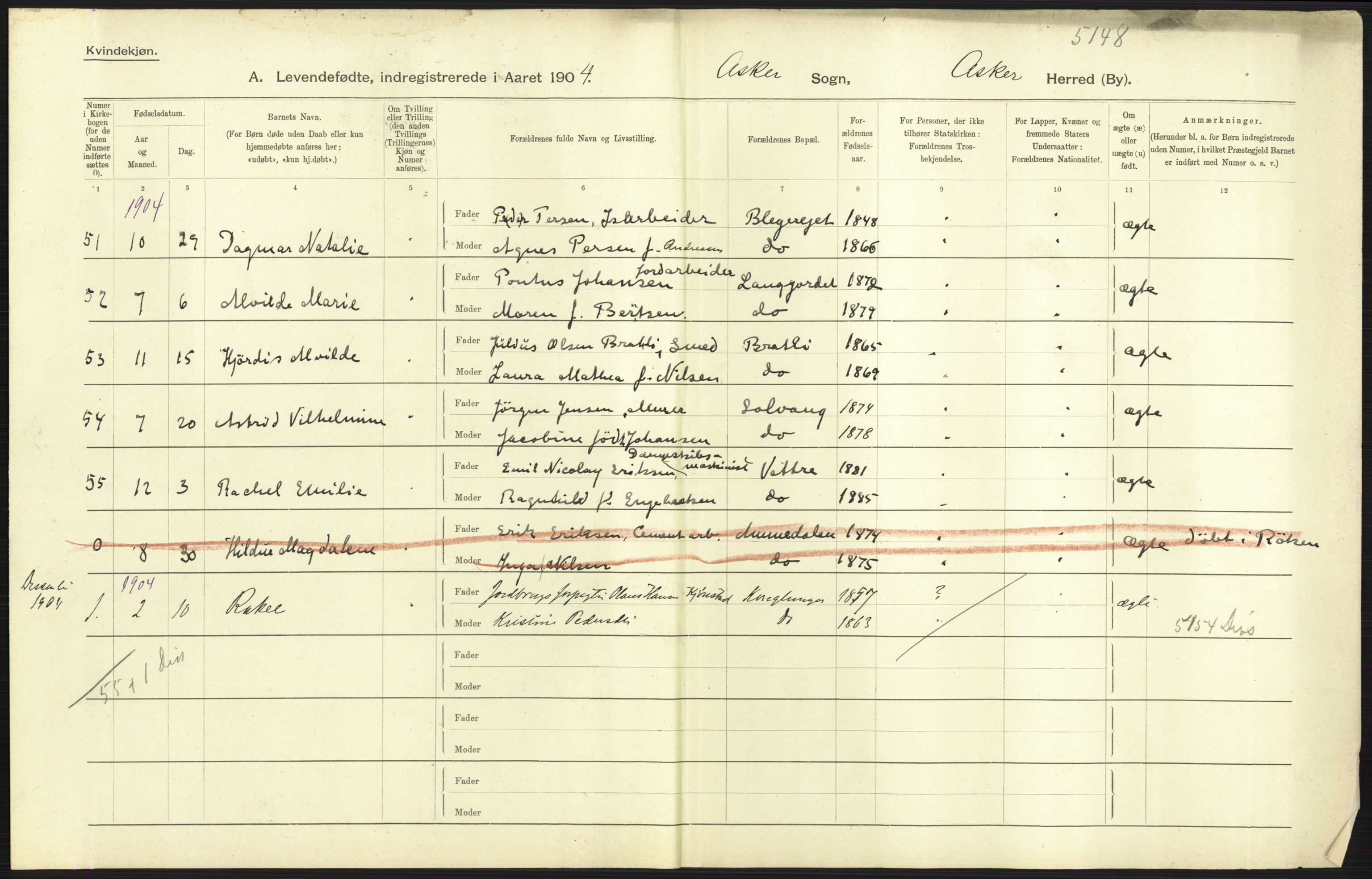 Statistisk sentralbyrå, Sosiodemografiske emner, Befolkning, AV/RA-S-2228/D/Df/Dfa/Dfab/L0002: Akershus amt: Fødte, gifte, døde, 1904, p. 53