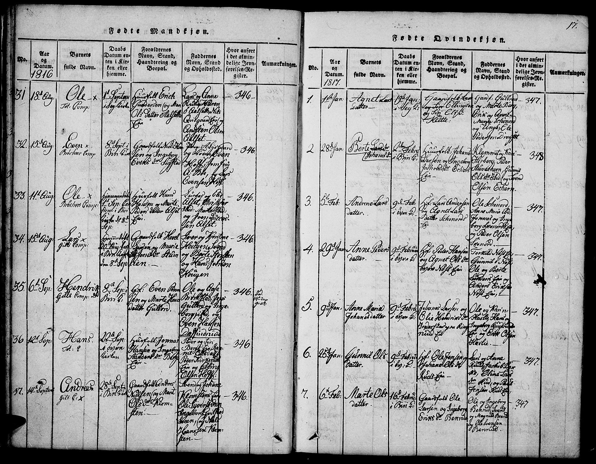 Biri prestekontor, SAH/PREST-096/H/Ha/Hab/L0001: Parish register (copy) no. 1, 1814-1828, p. 17