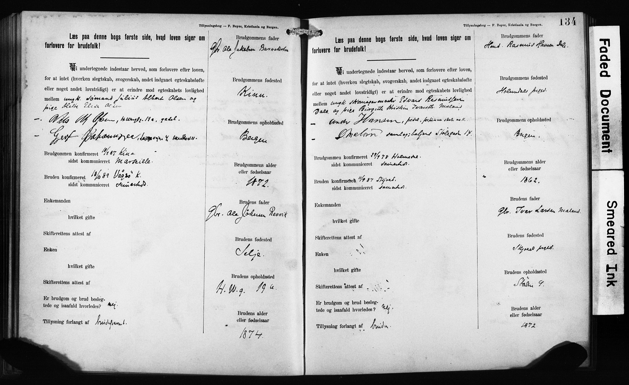 Mariakirken Sokneprestembete, AV/SAB-A-76901: Best man's statements no. II.5.1, 1891-1901, p. 134