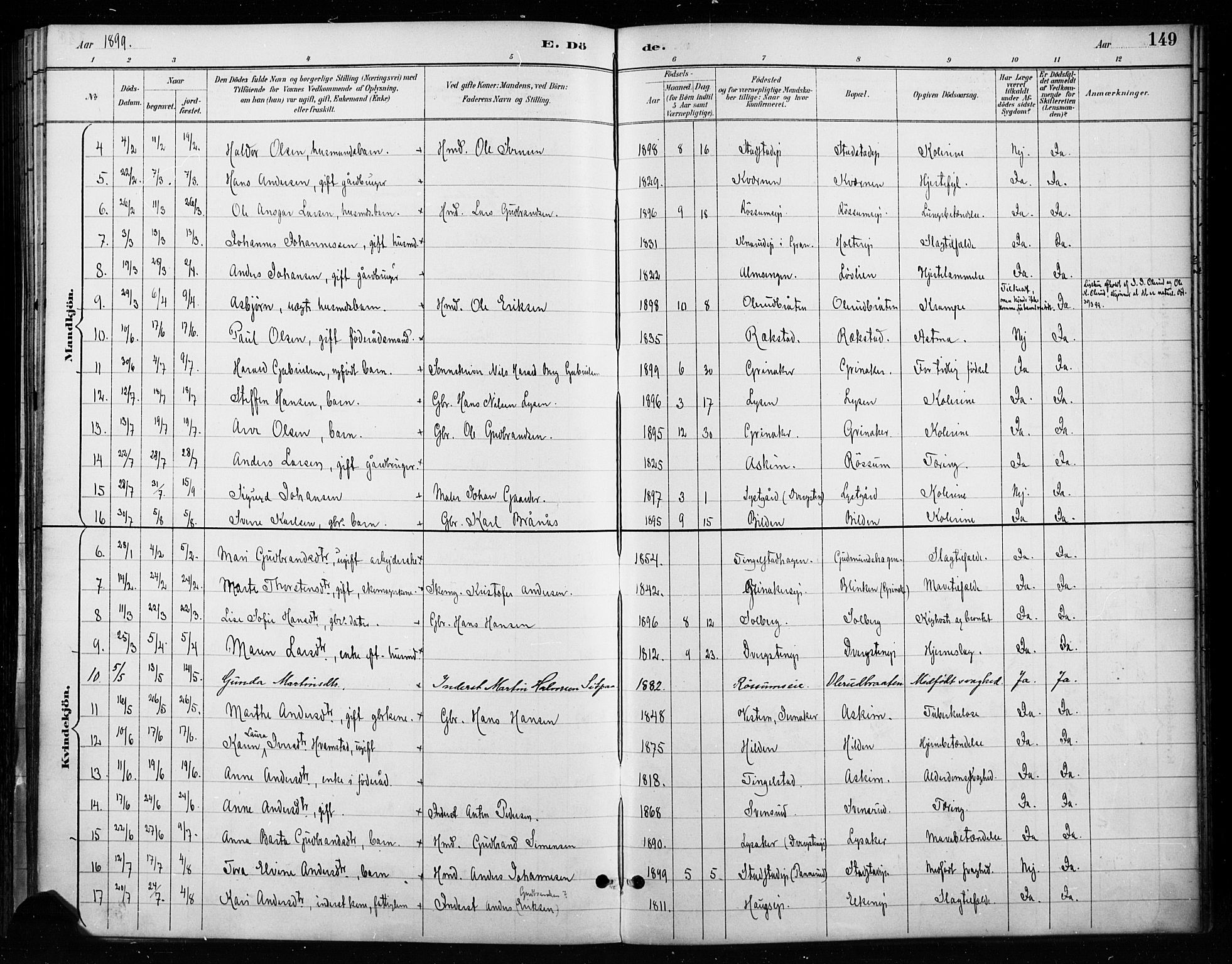 Gran prestekontor, SAH/PREST-112/H/Ha/Haa/L0018: Parish register (official) no. 18, 1889-1899, p. 149