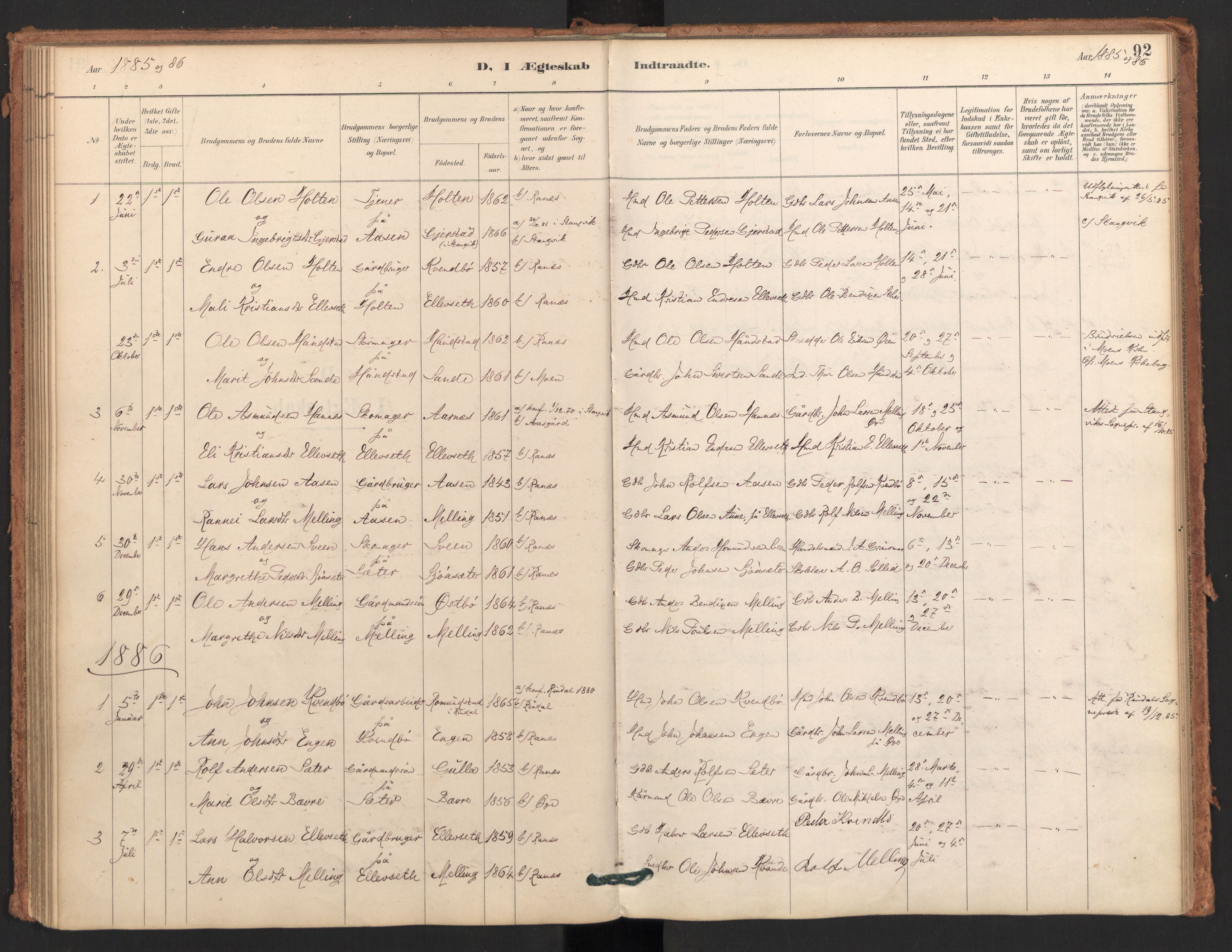 Ministerialprotokoller, klokkerbøker og fødselsregistre - Møre og Romsdal, AV/SAT-A-1454/596/L1056: Parish register (official) no. 596A01, 1885-1900, p. 92