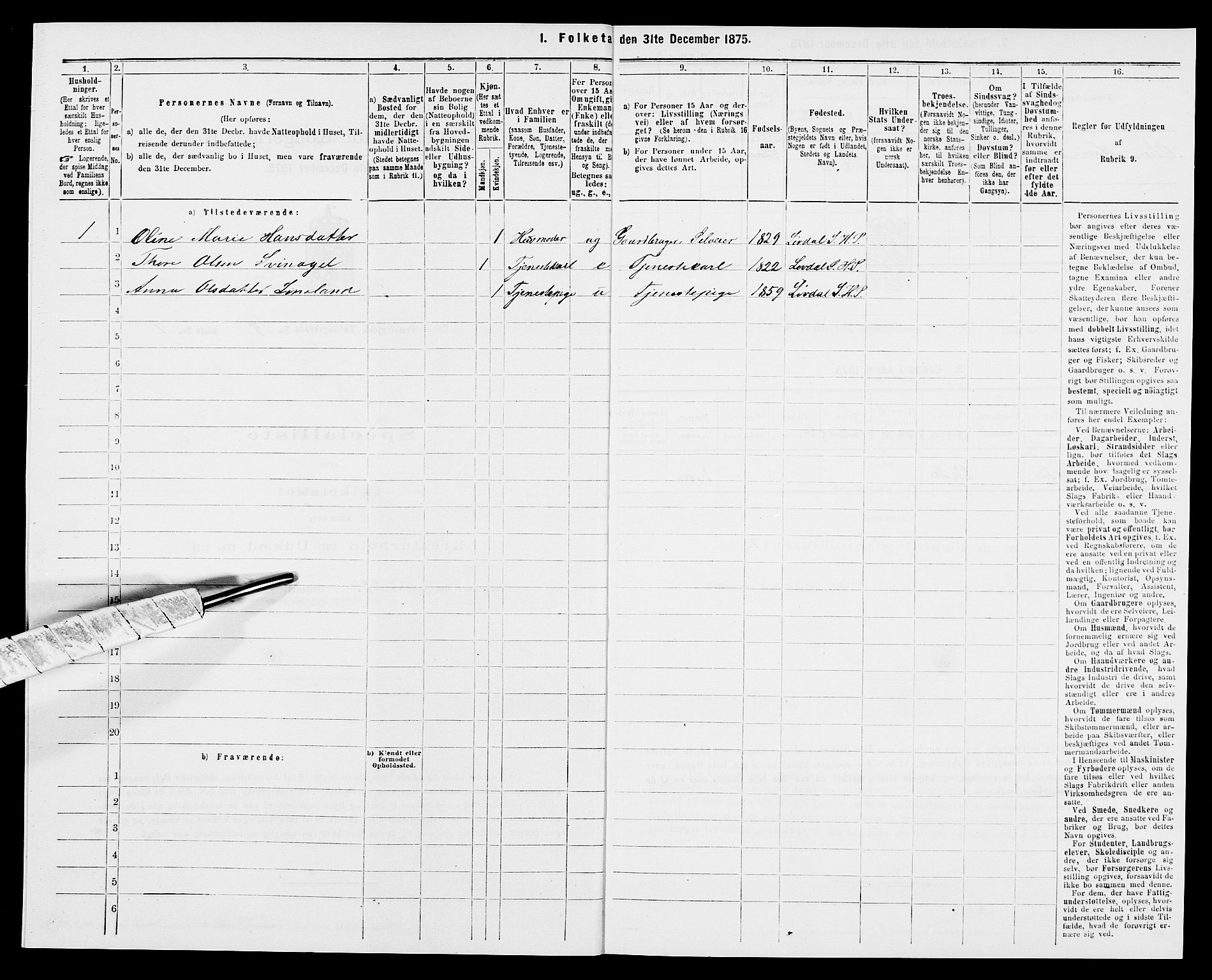 SAK, 1875 census for 1020P Holum, 1875, p. 1413