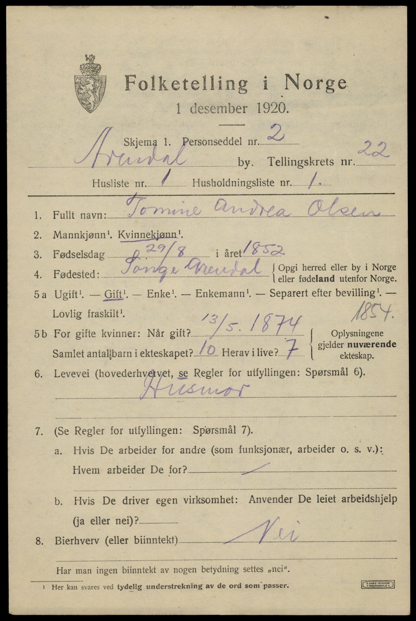 SAK, 1920 census for Arendal, 1920, p. 28128