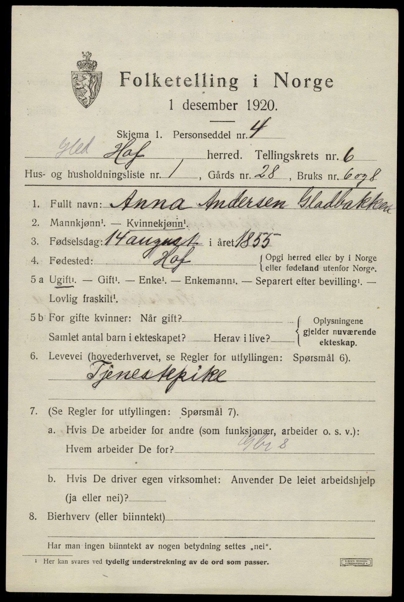 SAH, 1920 census for Hof, 1920, p. 7587