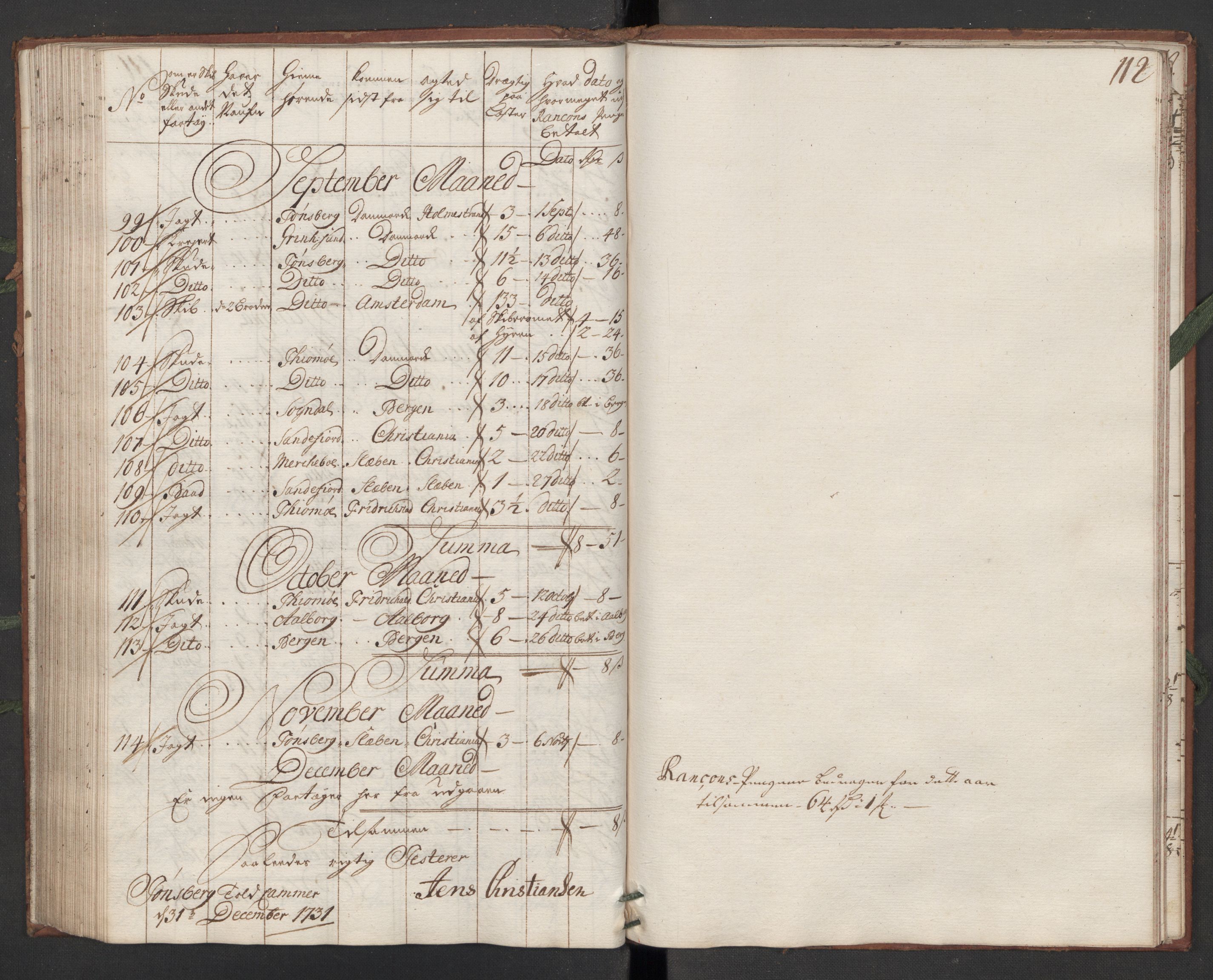 Generaltollkammeret, tollregnskaper, AV/RA-EA-5490/R10/L0011/0001: Tollregnskaper Tønsberg / Hovedtollbok, 1731, p. 111b-112a