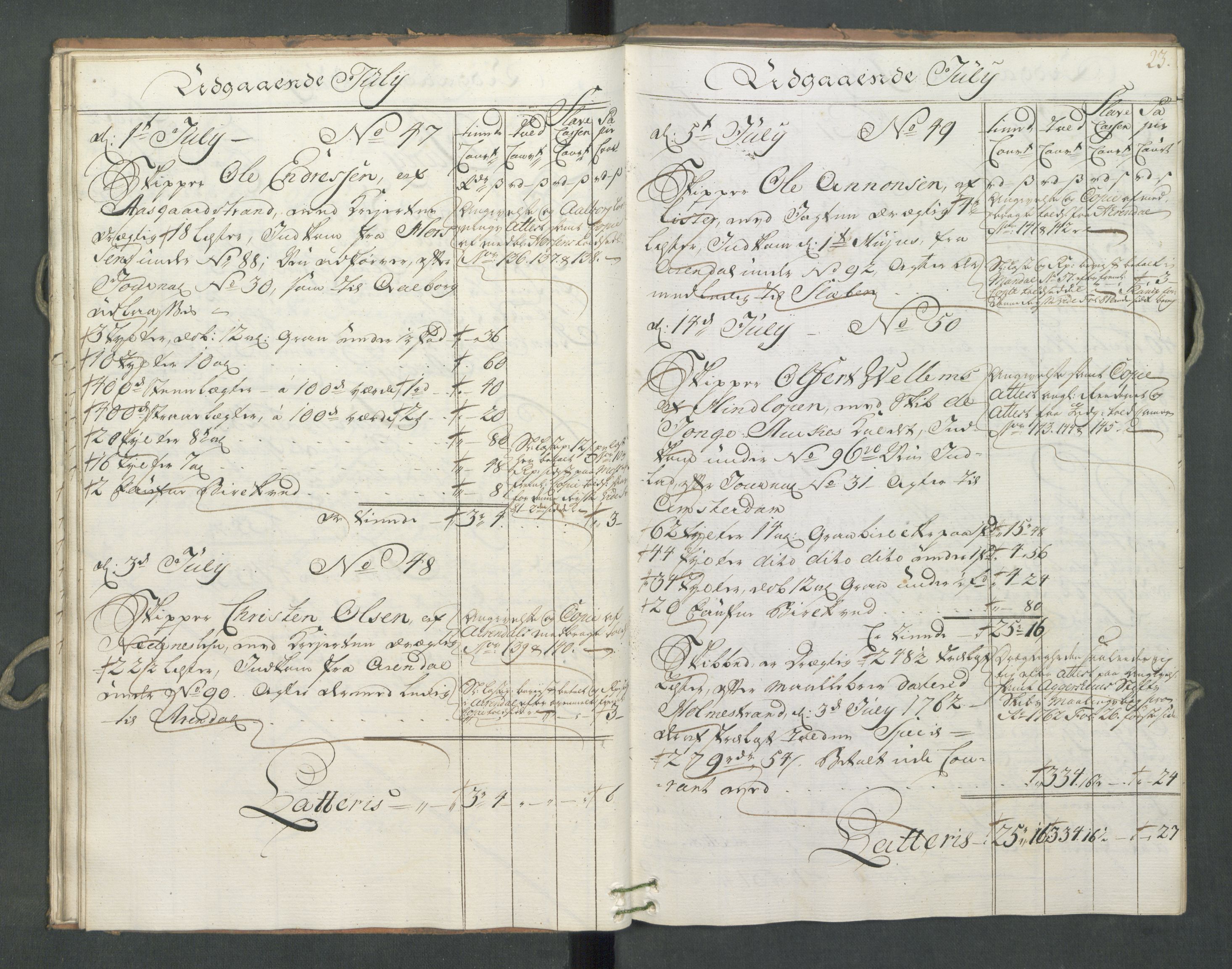 Generaltollkammeret, tollregnskaper, AV/RA-EA-5490/R09/L0034/0001: Tollregnskaper Holmestrand / Utgående hovedtollbok, 1762, p. 22b-23a