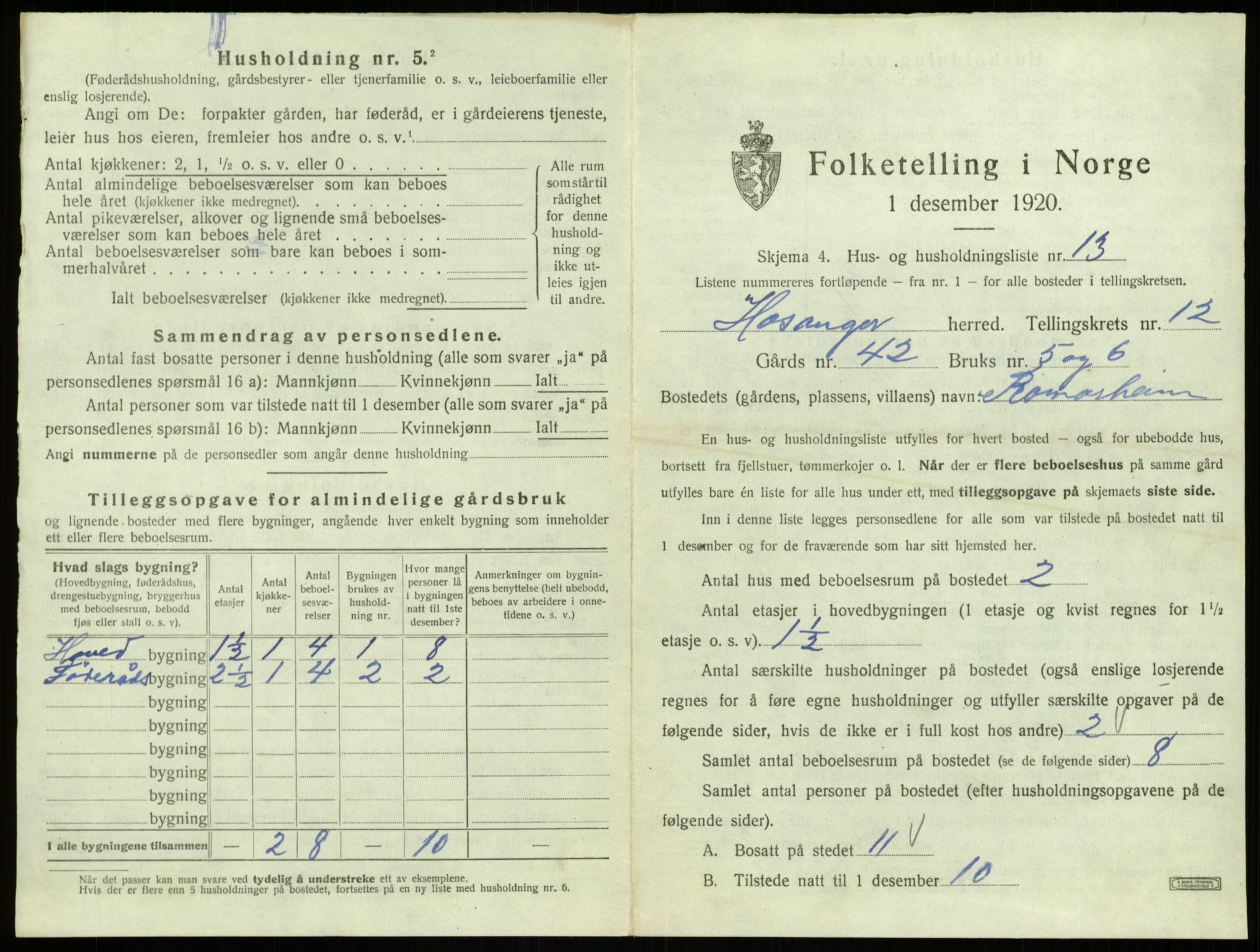 SAB, 1920 census for Hosanger, 1920, p. 668