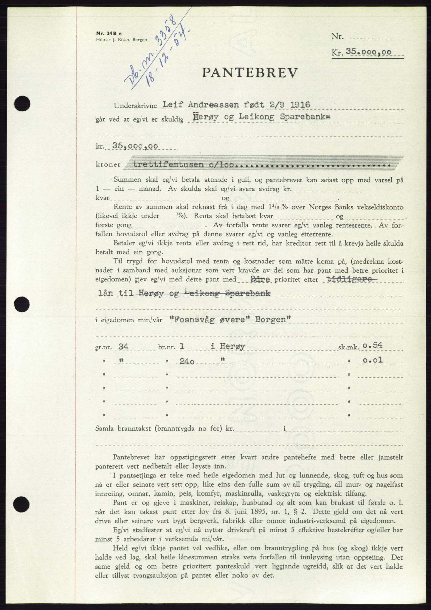 Søre Sunnmøre sorenskriveri, AV/SAT-A-4122/1/2/2C/L0126: Mortgage book no. 14B, 1954-1955, Diary no: : 3358/1954