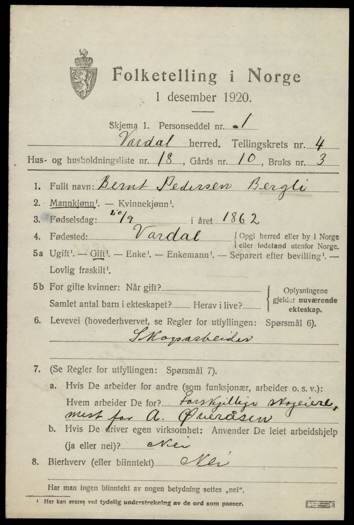 SAH, 1920 census for Vardal, 1920, p. 3041