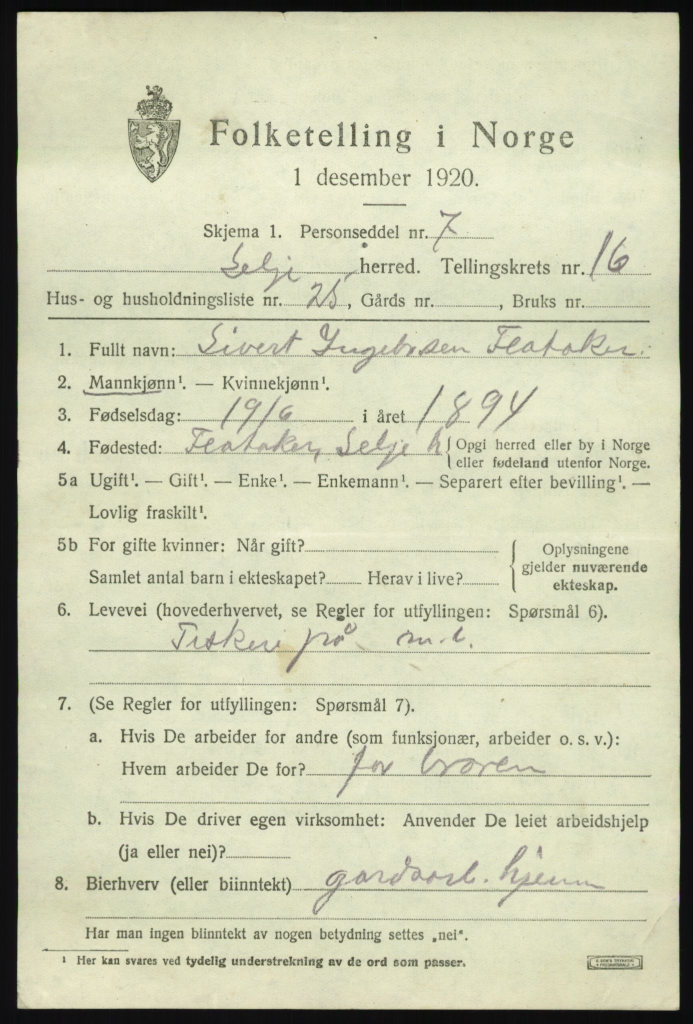 SAB, 1920 census for Selje, 1920, p. 7513