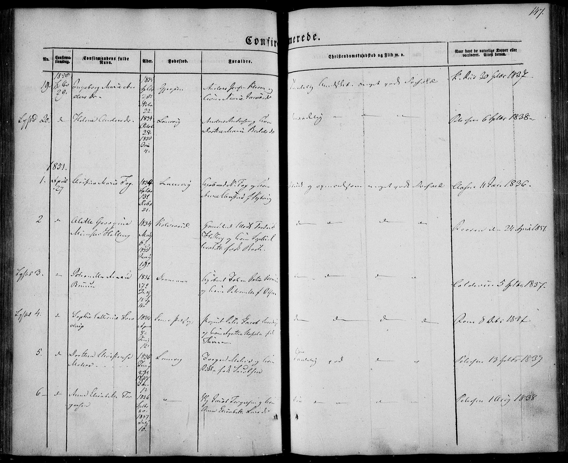 Larvik kirkebøker, SAKO/A-352/F/Fa/L0003: Parish register (official) no. I 3, 1848-1856, p. 147