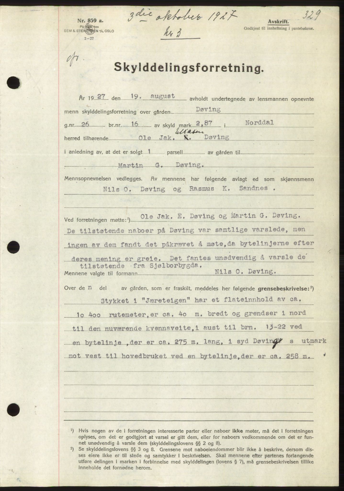 Nordre Sunnmøre sorenskriveri, AV/SAT-A-0006/1/2/2C/2Ca/L0037: Mortgage book no. 40, 1927-1927, Deed date: 03.10.1927