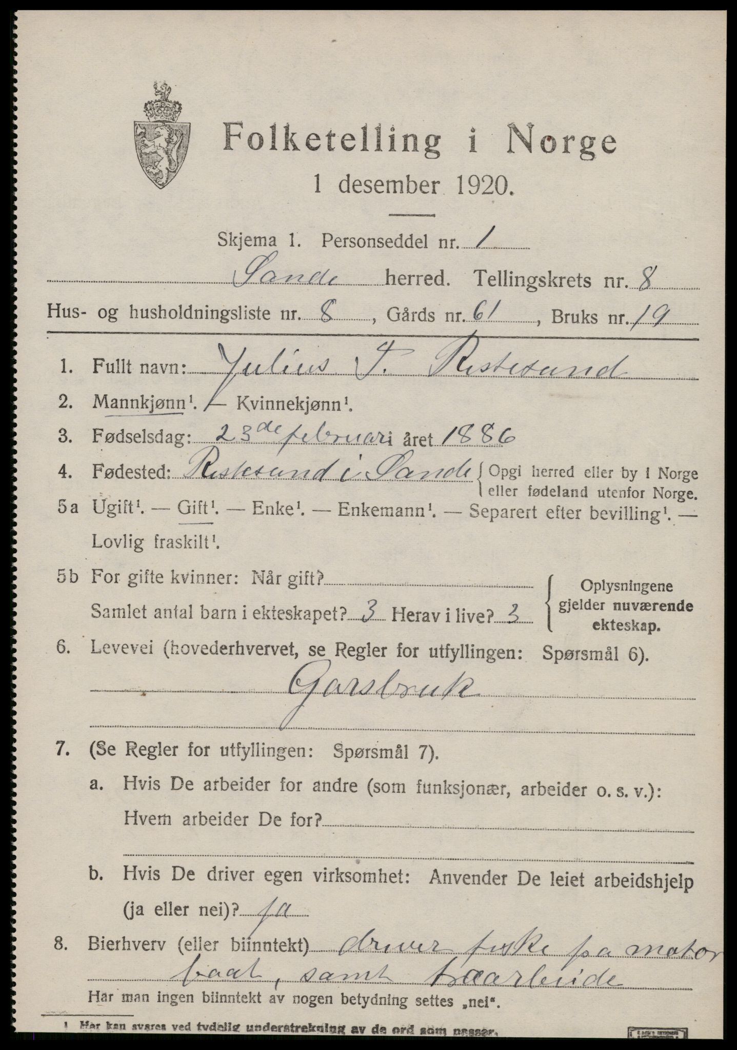 SAT, 1920 census for Sande (MR), 1920, p. 4896