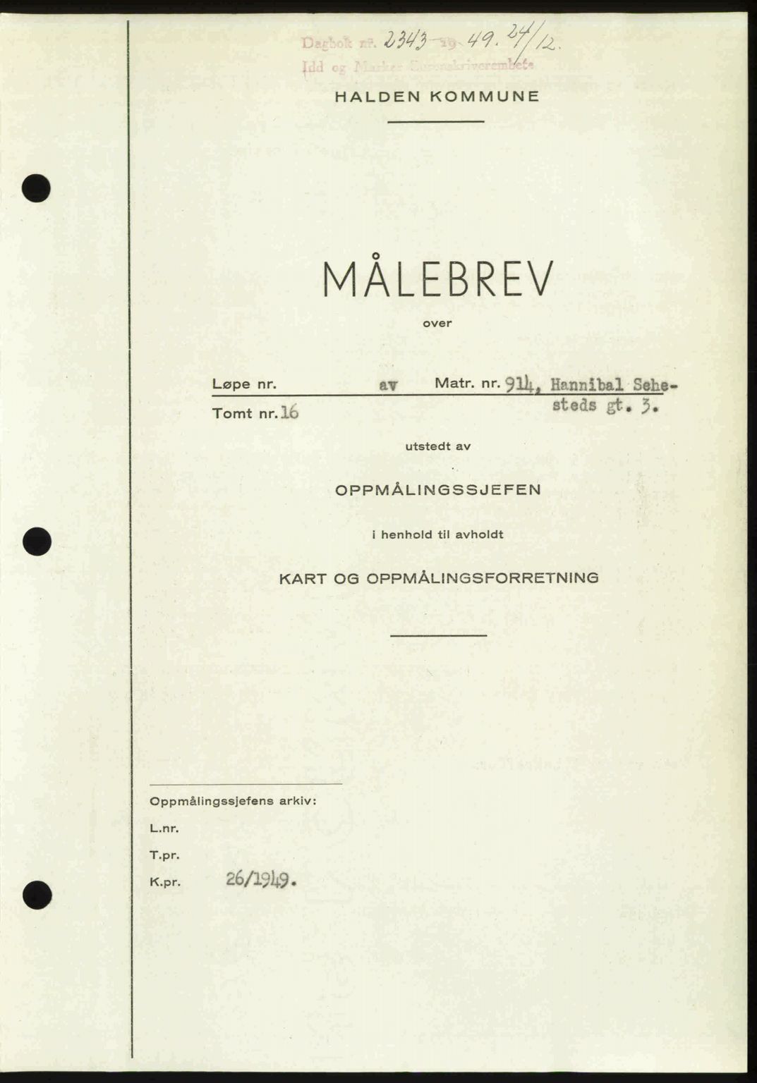 Idd og Marker sorenskriveri, AV/SAO-A-10283/G/Gb/Gbb/L0013: Mortgage book no. A13, 1949-1950, Diary no: : 2343/1949