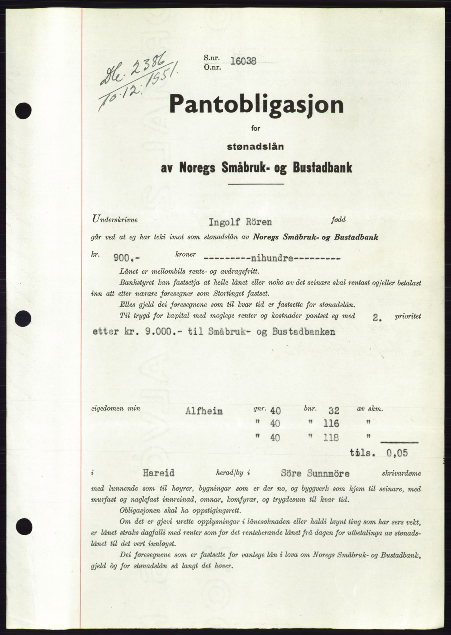 Søre Sunnmøre sorenskriveri, AV/SAT-A-4122/1/2/2C/L0120: Mortgage book no. 8B, 1951-1951, Diary no: : 2386/1951