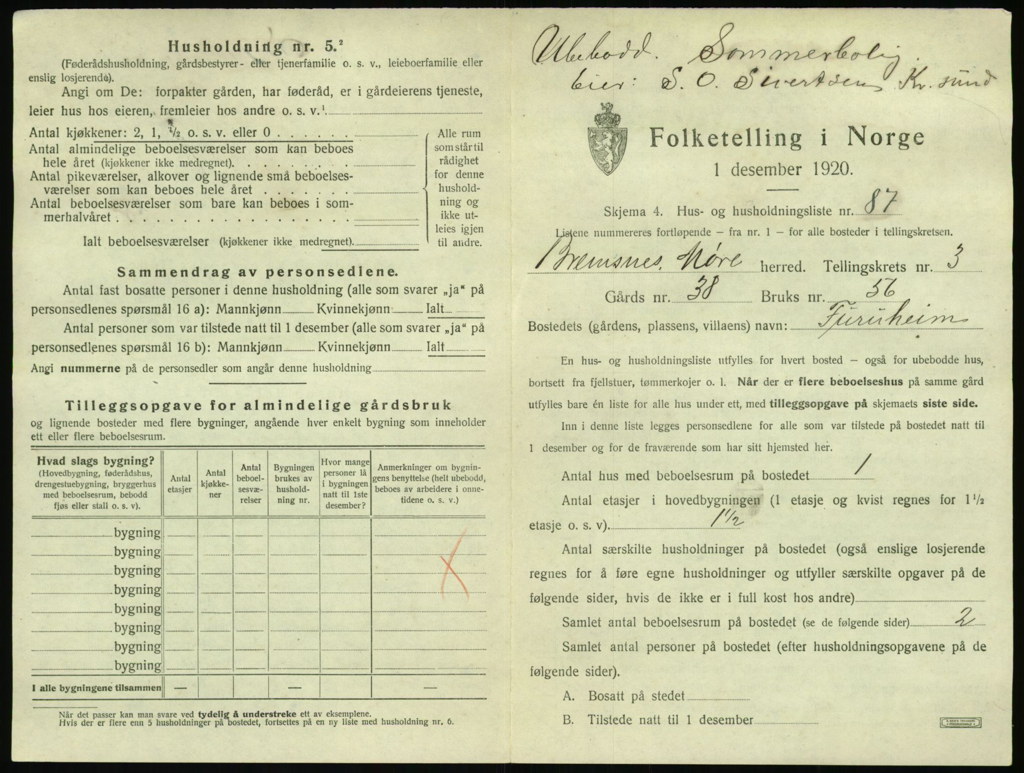 SAT, 1920 census for Bremsnes, 1920, p. 505