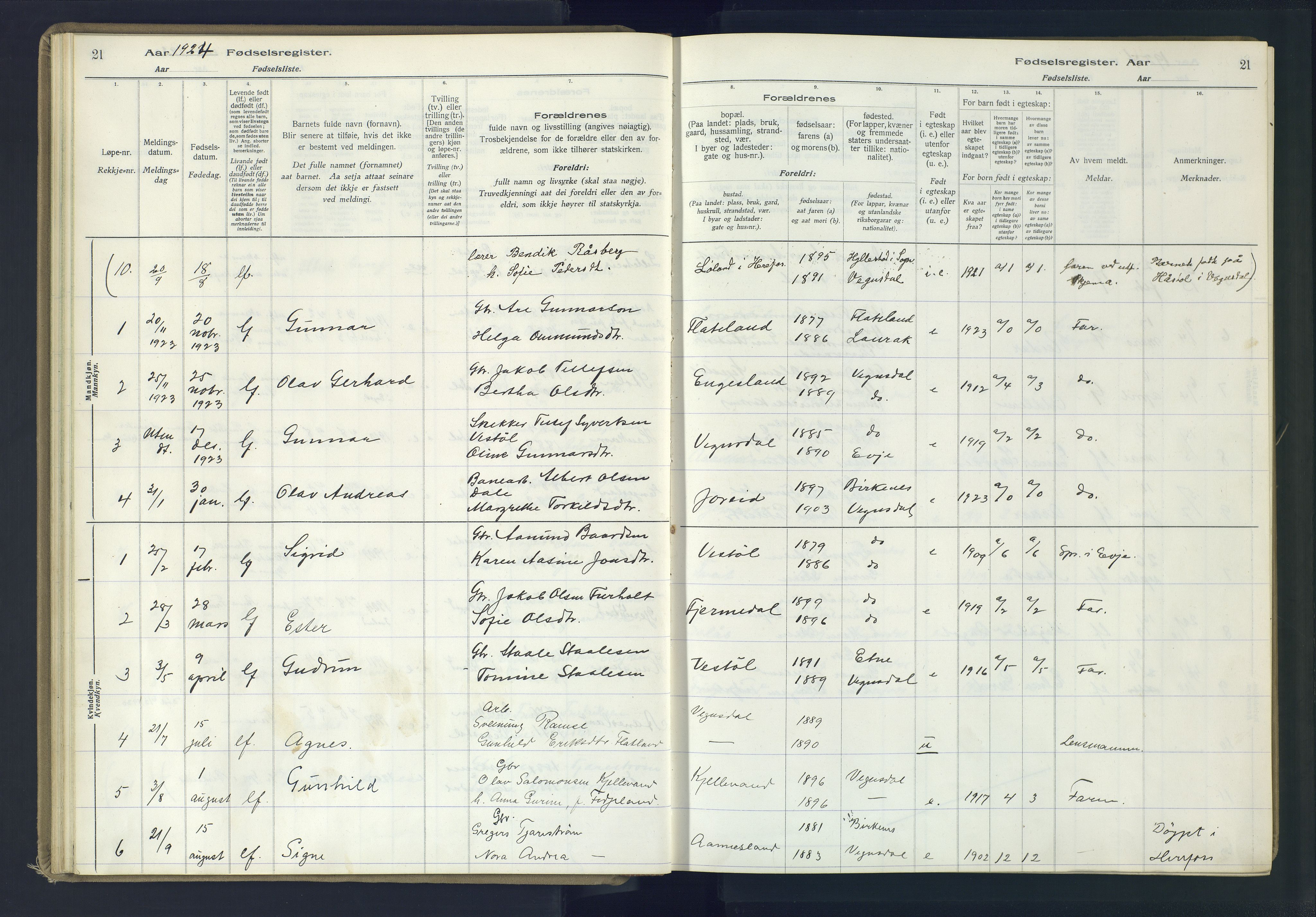 Herefoss sokneprestkontor, SAK/1111-0019/J/Ja/L0002: Birth register no. II.6.11, 1916-1982, p. 21