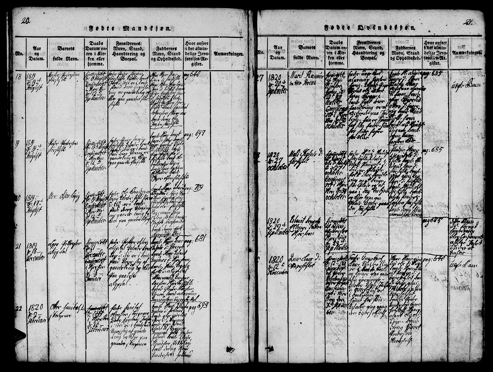 Ministerialprotokoller, klokkerbøker og fødselsregistre - Møre og Romsdal, AV/SAT-A-1454/541/L0546: Parish register (copy) no. 541C01, 1818-1856, p. 20-21