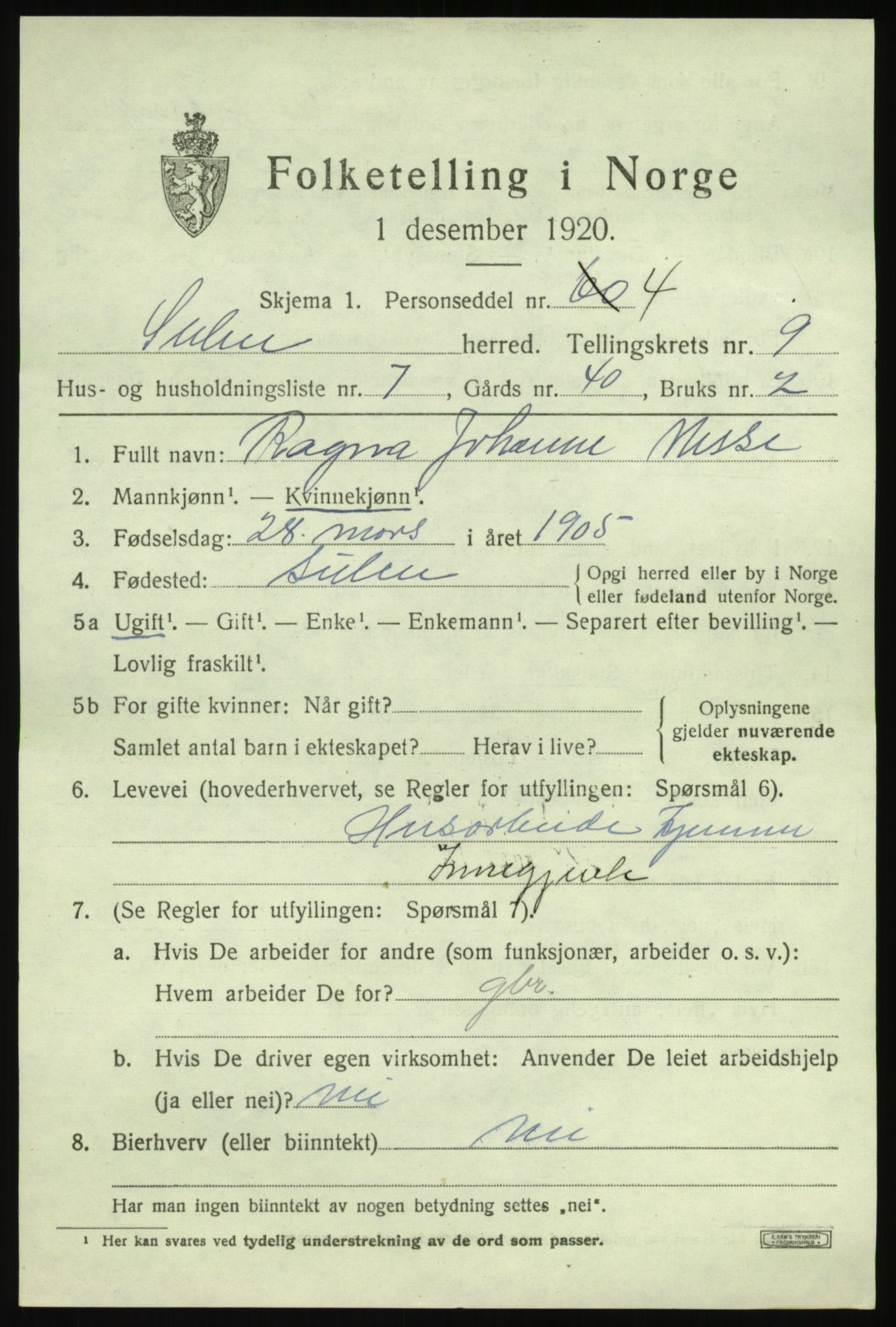 SAB, 1920 census for Solund, 1920, p. 3360