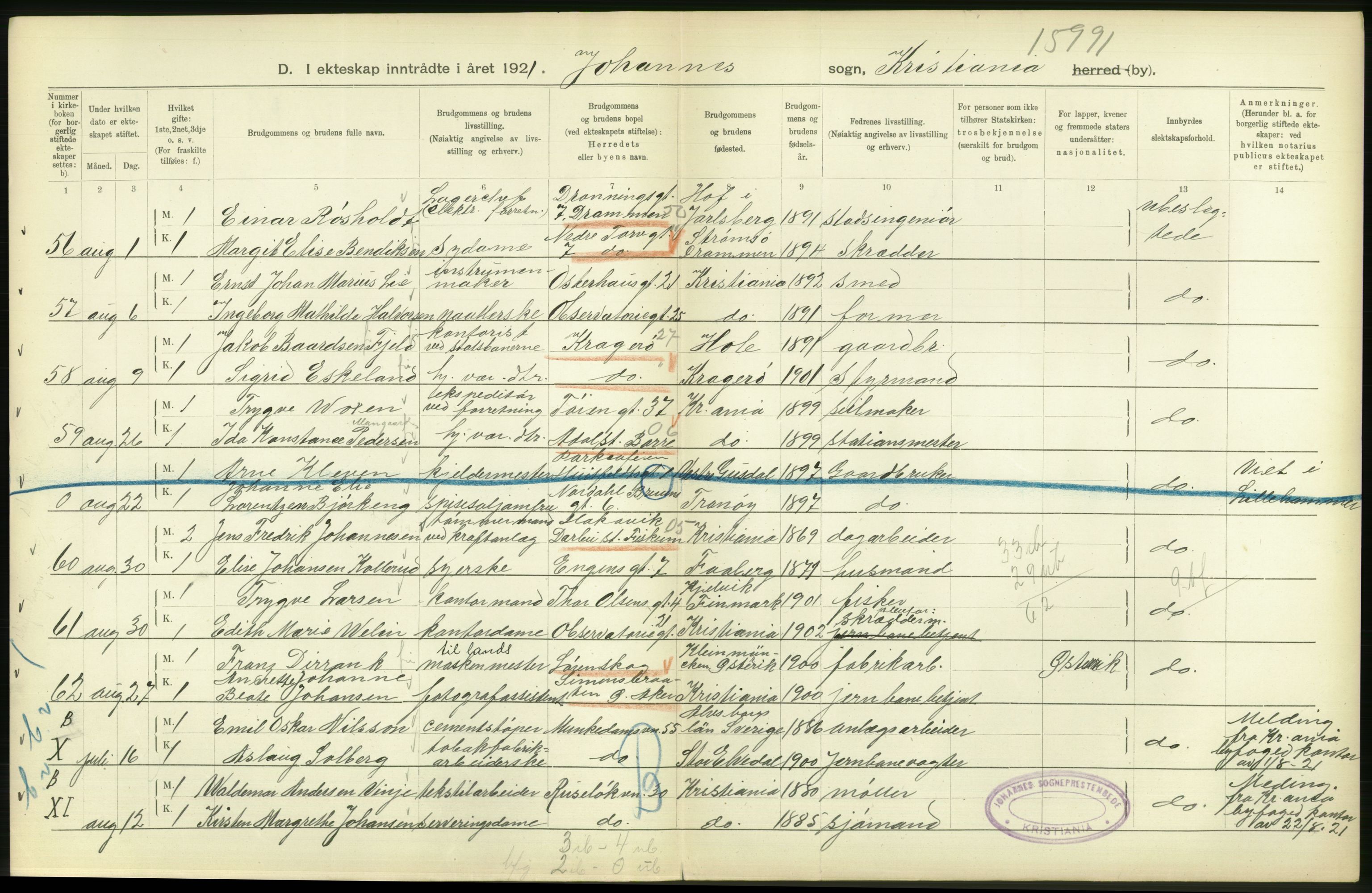 Statistisk sentralbyrå, Sosiodemografiske emner, Befolkning, RA/S-2228/D/Df/Dfc/Dfca/L0011: Kristiania: Gifte, 1921, p. 92