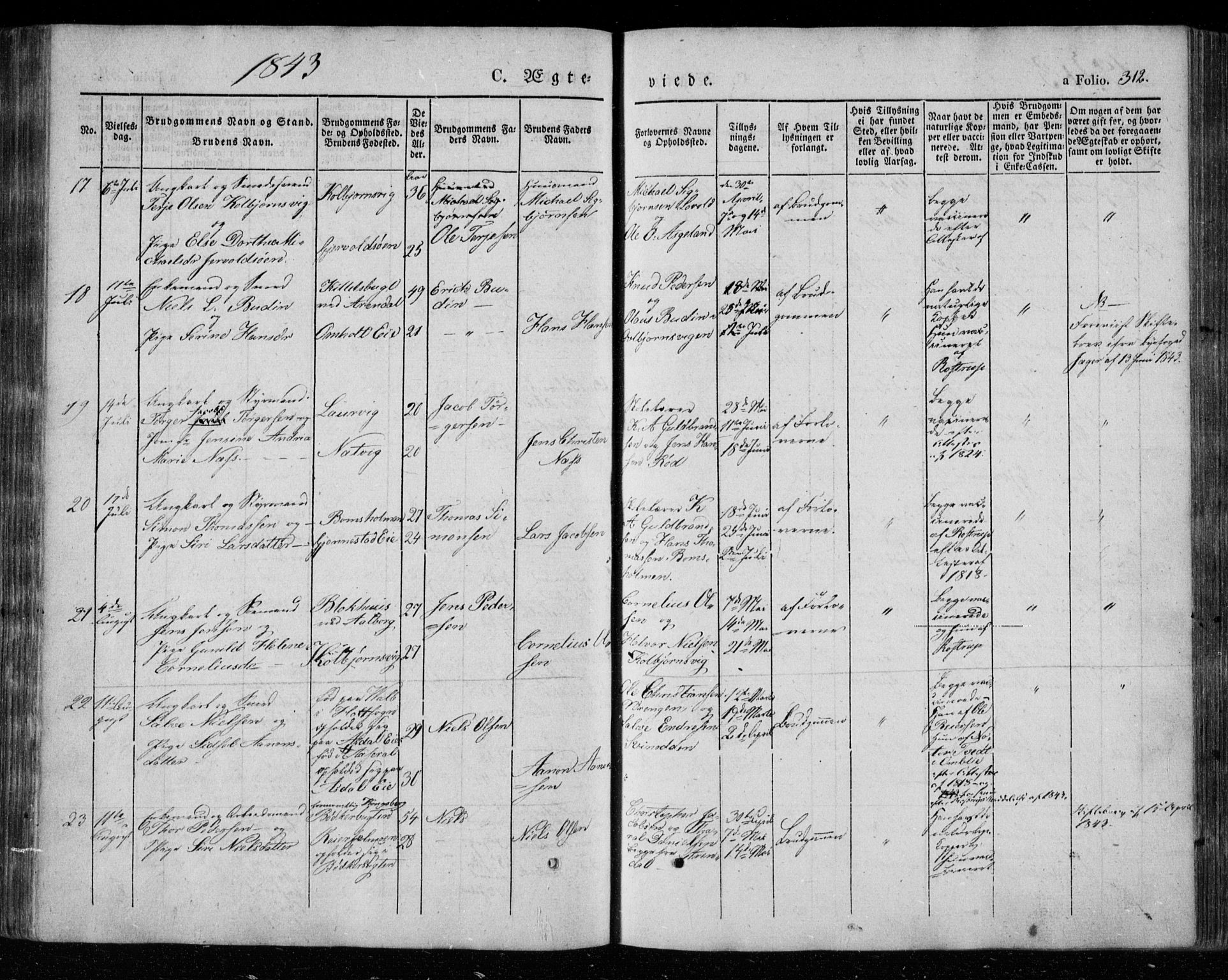 Øyestad sokneprestkontor, AV/SAK-1111-0049/F/Fa/L0014: Parish register (official) no. A 14, 1843-1856, p. 312