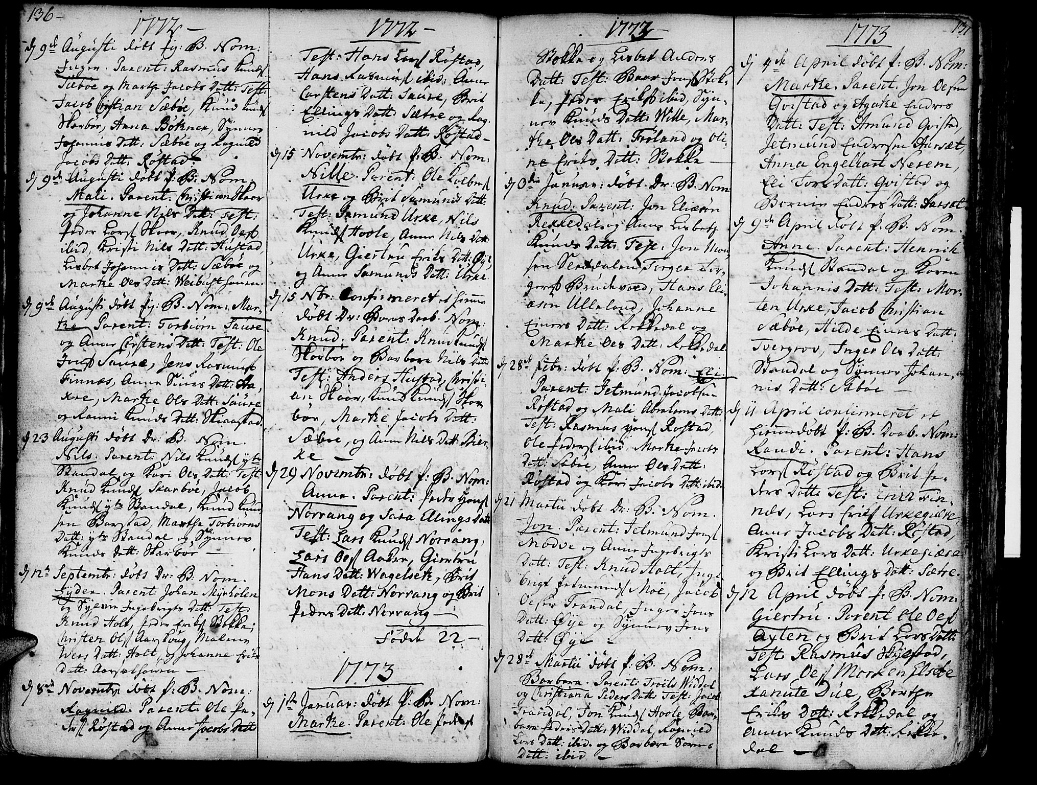 Ministerialprotokoller, klokkerbøker og fødselsregistre - Møre og Romsdal, AV/SAT-A-1454/515/L0206: Parish register (official) no. 515A02, 1765-1818, p. 136-137