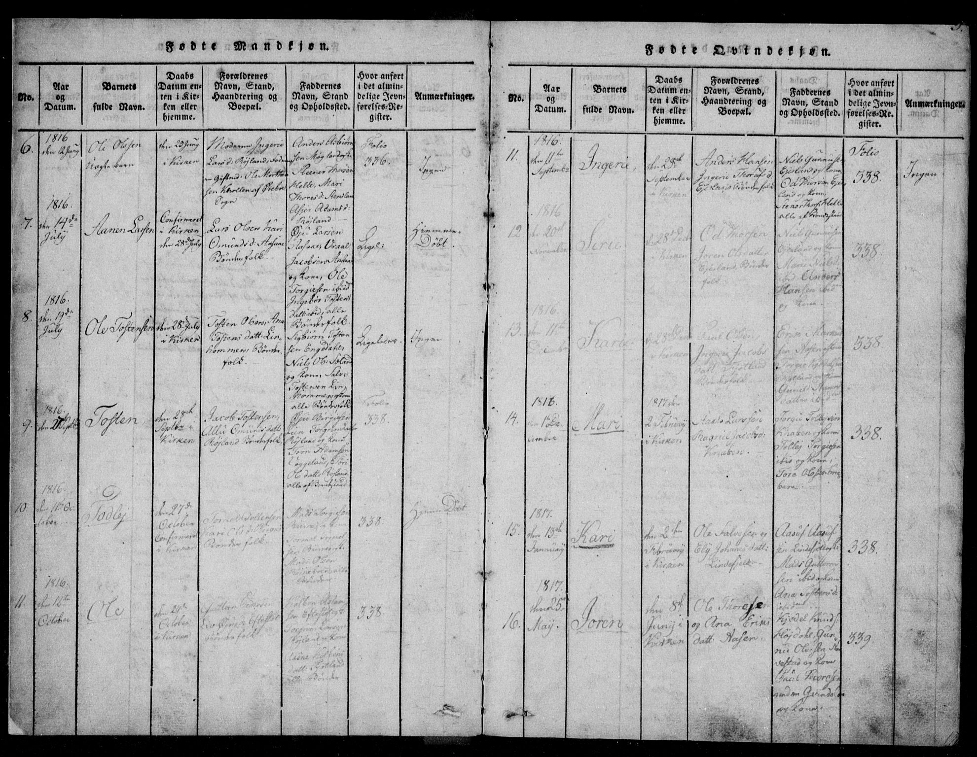 Fjotland sokneprestkontor, SAK/1111-0010/F/Fb/L0001: Parish register (copy) no. B 1, 1816-1849, p. 3