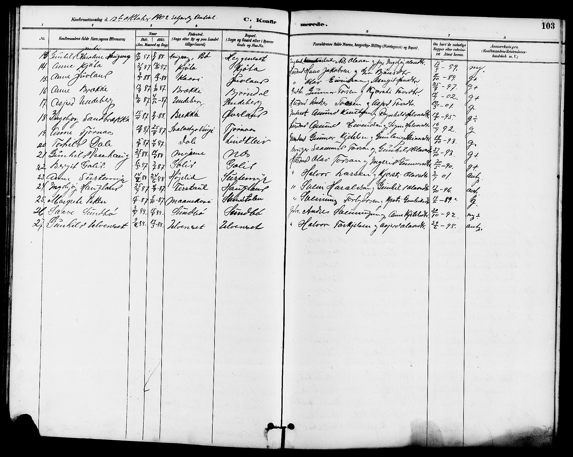 Seljord kirkebøker, SAKO/A-20/G/Ga/L0005: Parish register (copy) no. I 5, 1887-1914, p. 103