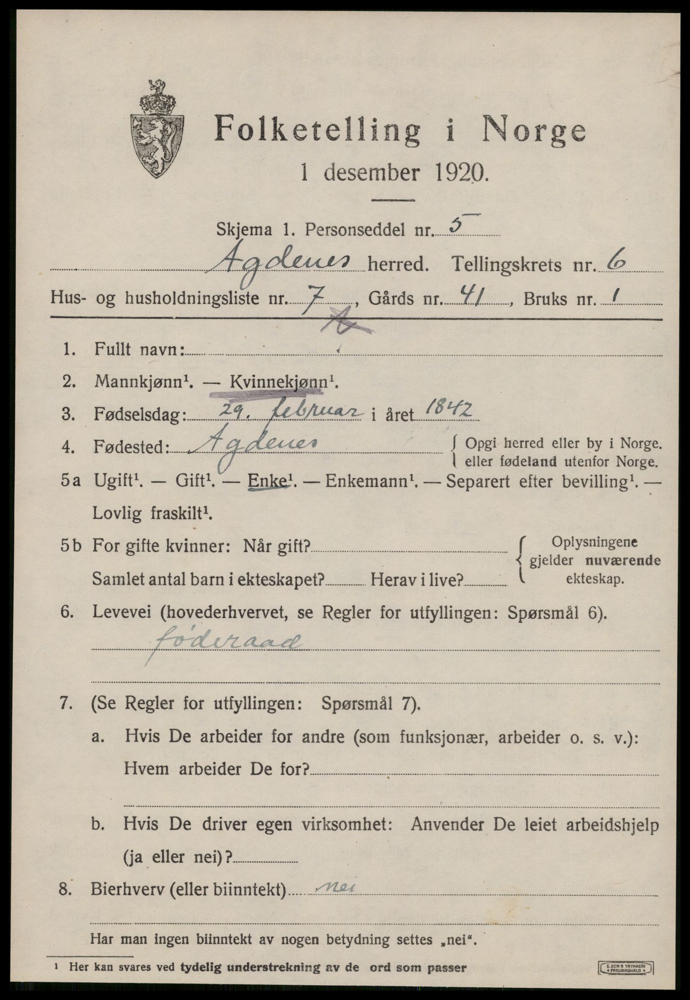 SAT, 1920 census for Agdenes, 1920, p. 2561