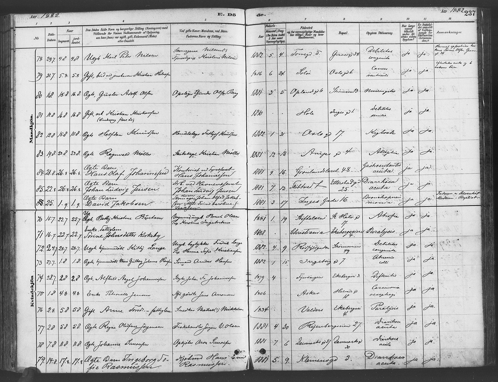 Gamlebyen prestekontor Kirkebøker, SAO/A-10884/F/Fa/L0006: Parish register (official) no. 6, 1881-1890, p. 237