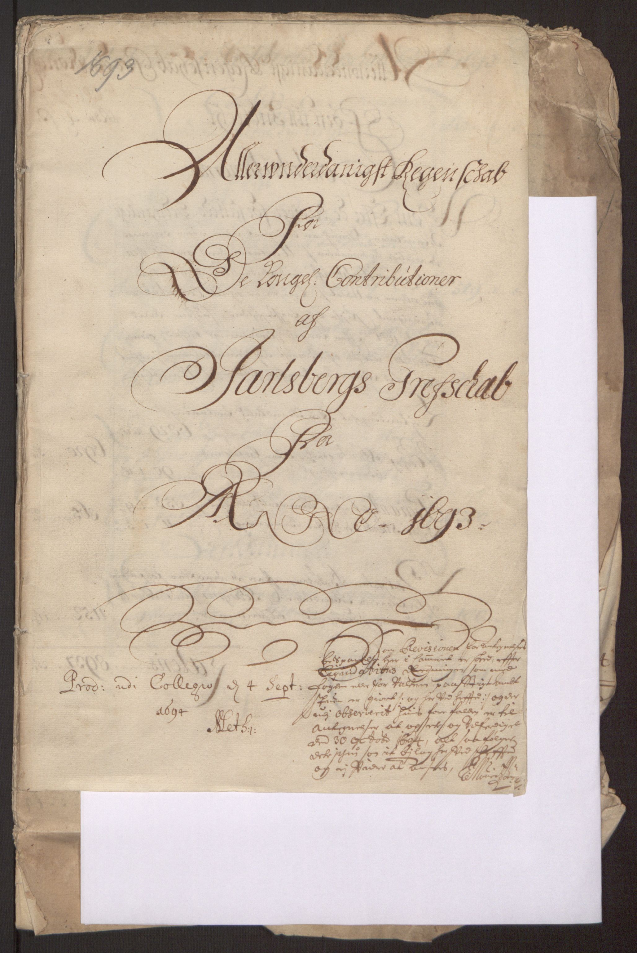 Rentekammeret inntil 1814, Reviderte regnskaper, Fogderegnskap, RA/EA-4092/R32/L1866: Fogderegnskap Jarlsberg grevskap, 1693, p. 3