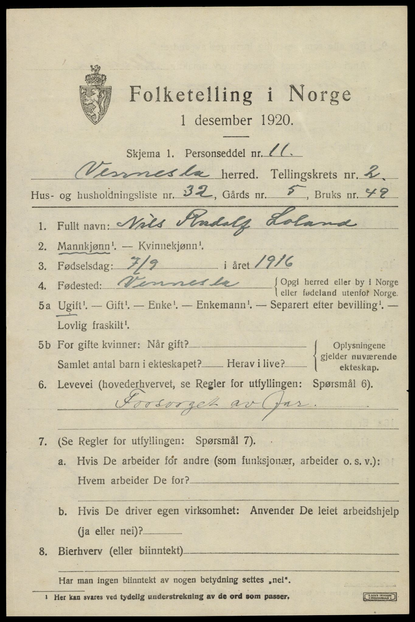 SAK, 1920 census for Vennesla, 1920, p. 1898