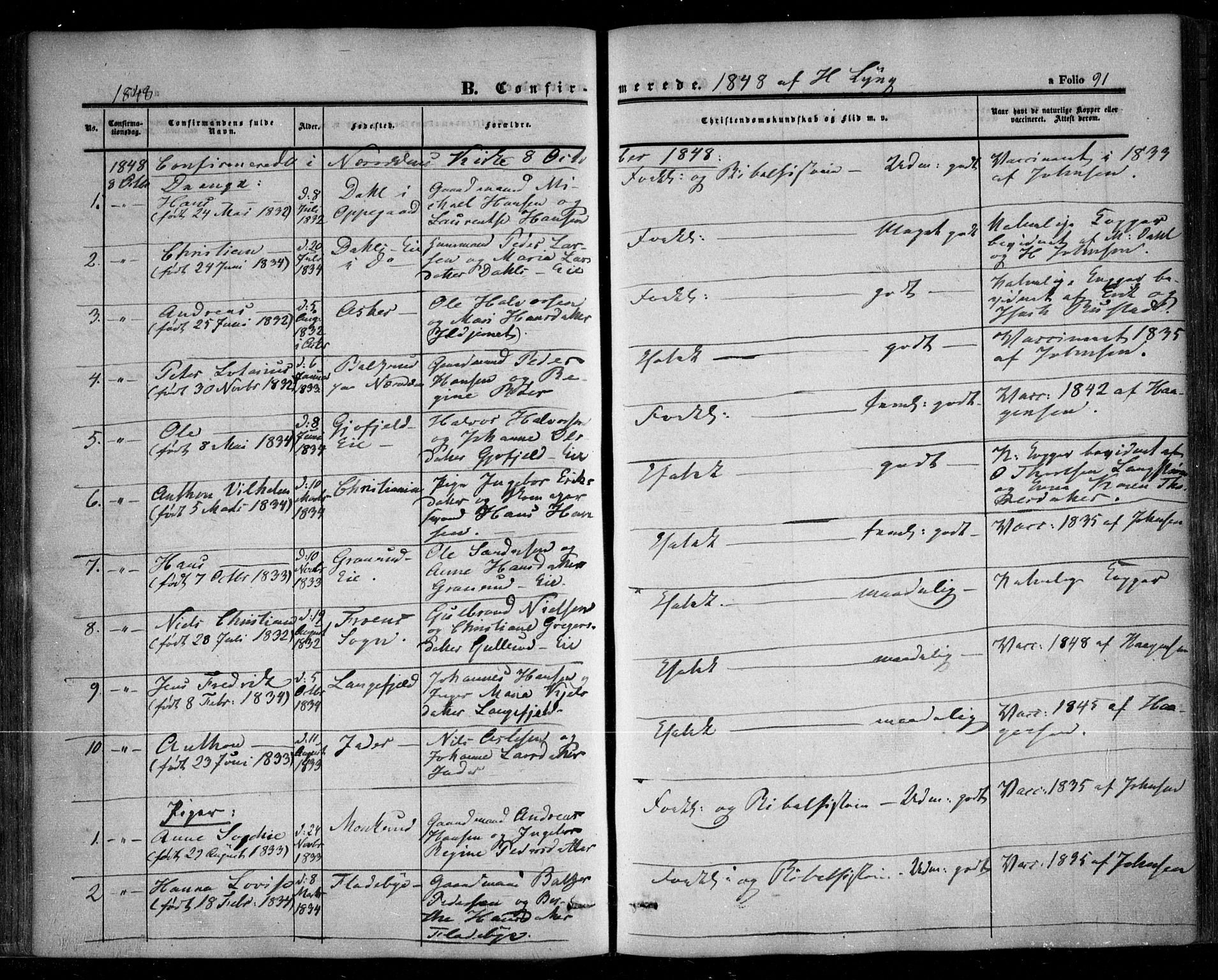 Nesodden prestekontor Kirkebøker, SAO/A-10013/F/Fa/L0007: Parish register (official) no. I 7, 1848-1868, p. 91