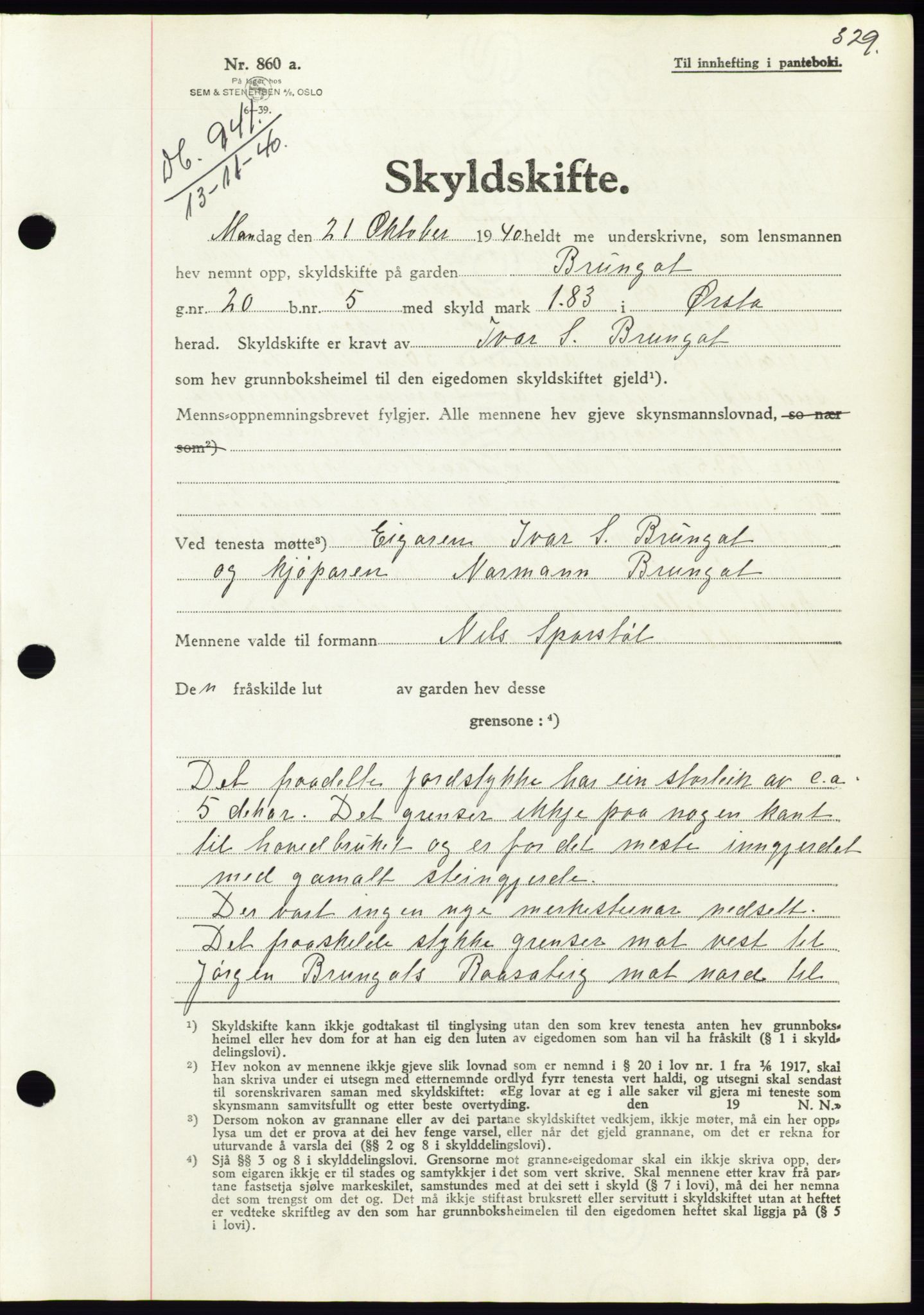 Søre Sunnmøre sorenskriveri, AV/SAT-A-4122/1/2/2C/L0070: Mortgage book no. 64, 1940-1941, Diary no: : 941/1940