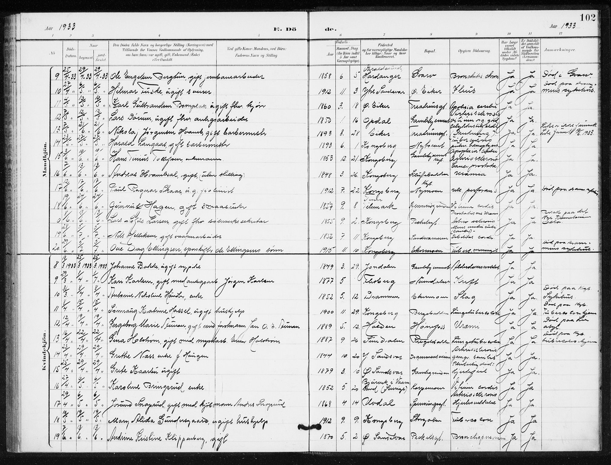 Kongsberg kirkebøker, AV/SAKO-A-22/G/Ga/L0009: Parish register (copy) no. 9, 1932-1938, p. 102