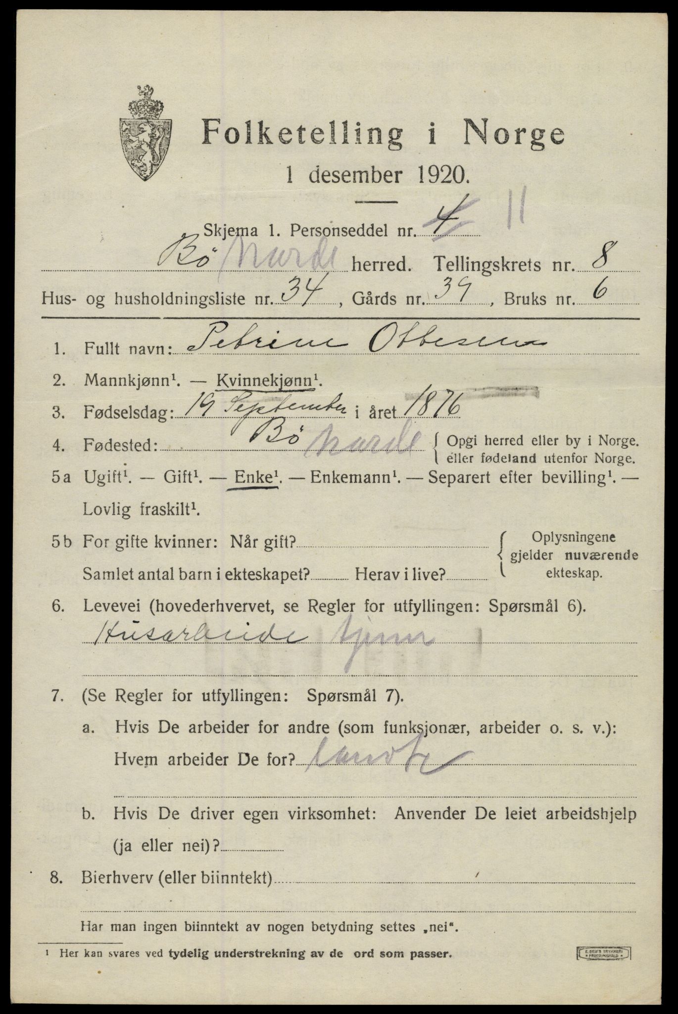 SAT, 1920 census for Bø, 1920, p. 7272