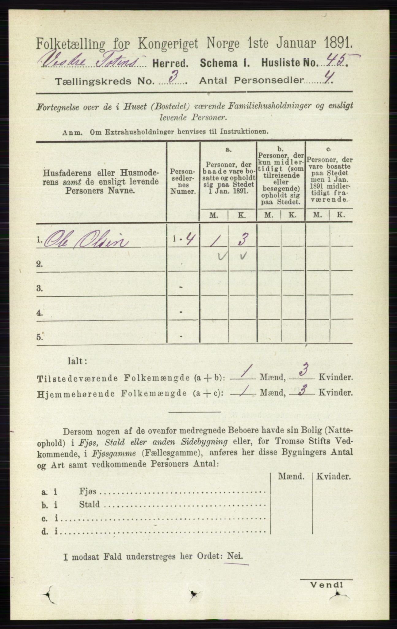RA, 1891 census for 0529 Vestre Toten, 1891, p. 1909
