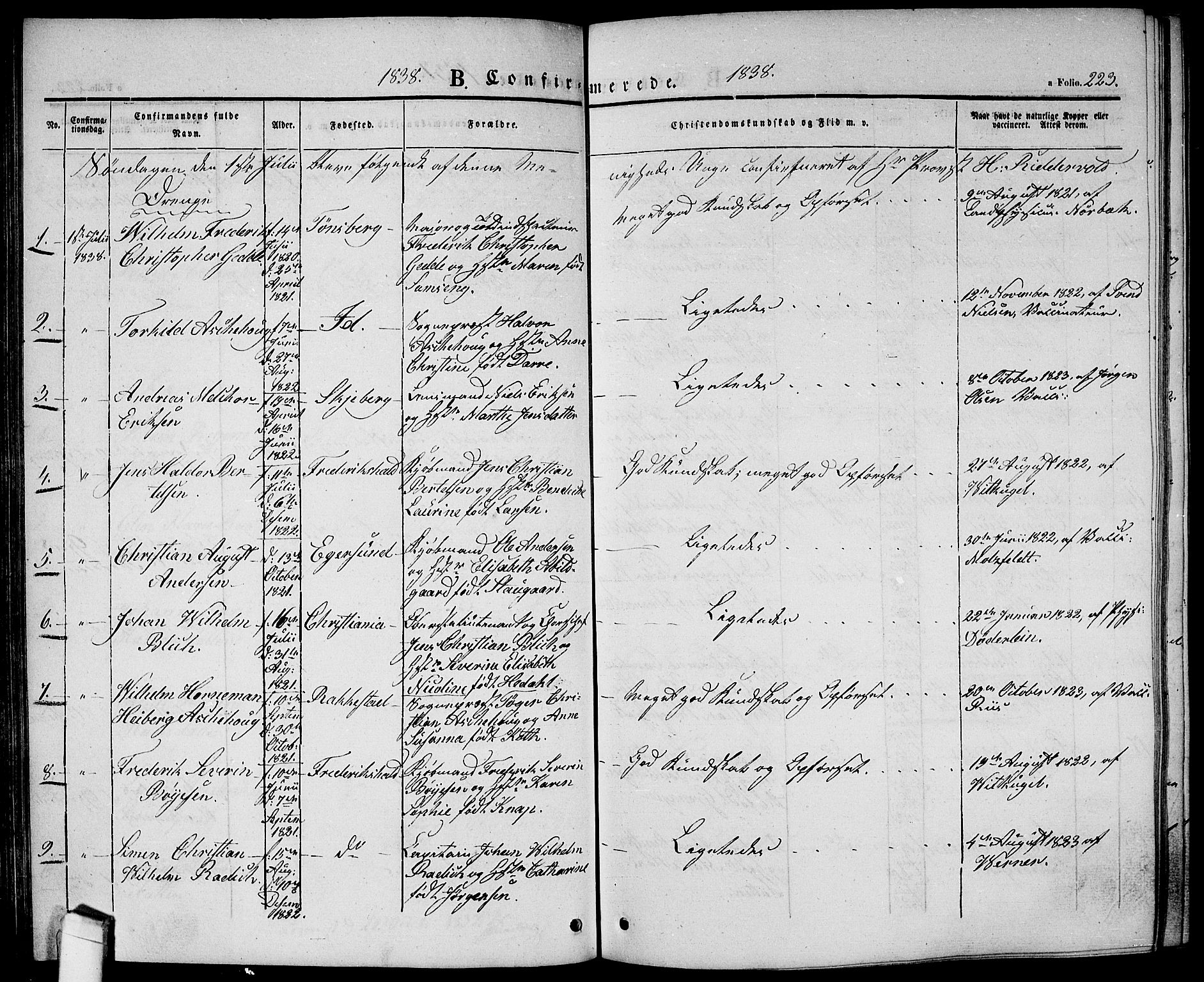 Halden prestekontor Kirkebøker, AV/SAO-A-10909/G/Ga/L0003: Parish register (copy) no. 3, 1834-1844, p. 223