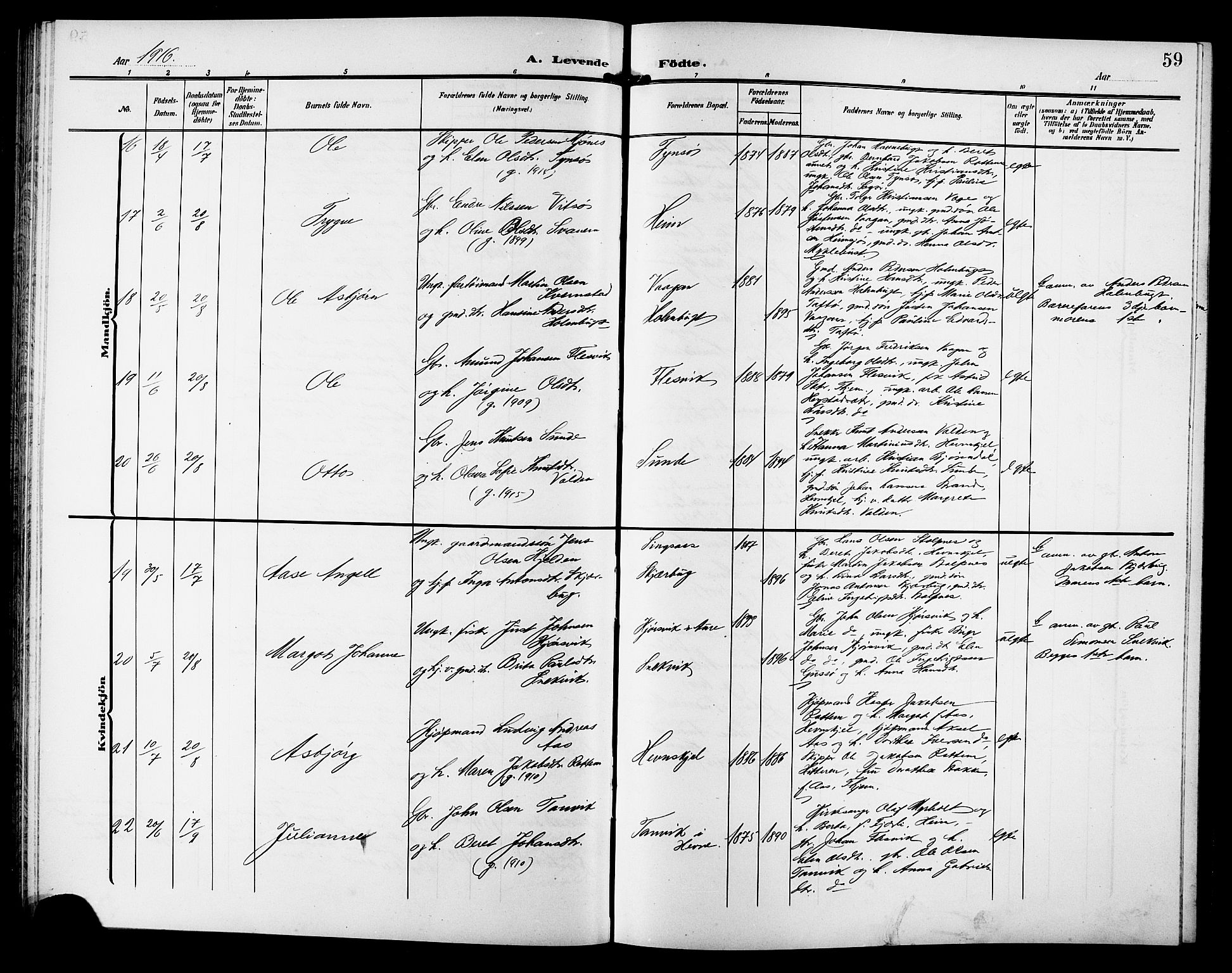 Ministerialprotokoller, klokkerbøker og fødselsregistre - Sør-Trøndelag, SAT/A-1456/633/L0520: Parish register (copy) no. 633C02, 1906-1921, p. 59