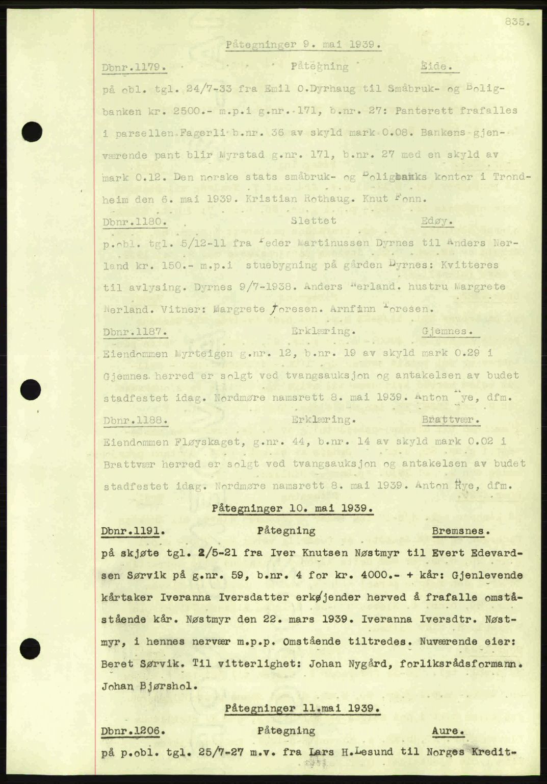 Nordmøre sorenskriveri, AV/SAT-A-4132/1/2/2Ca: Mortgage book no. C80, 1936-1939, Diary no: : 1179/1939