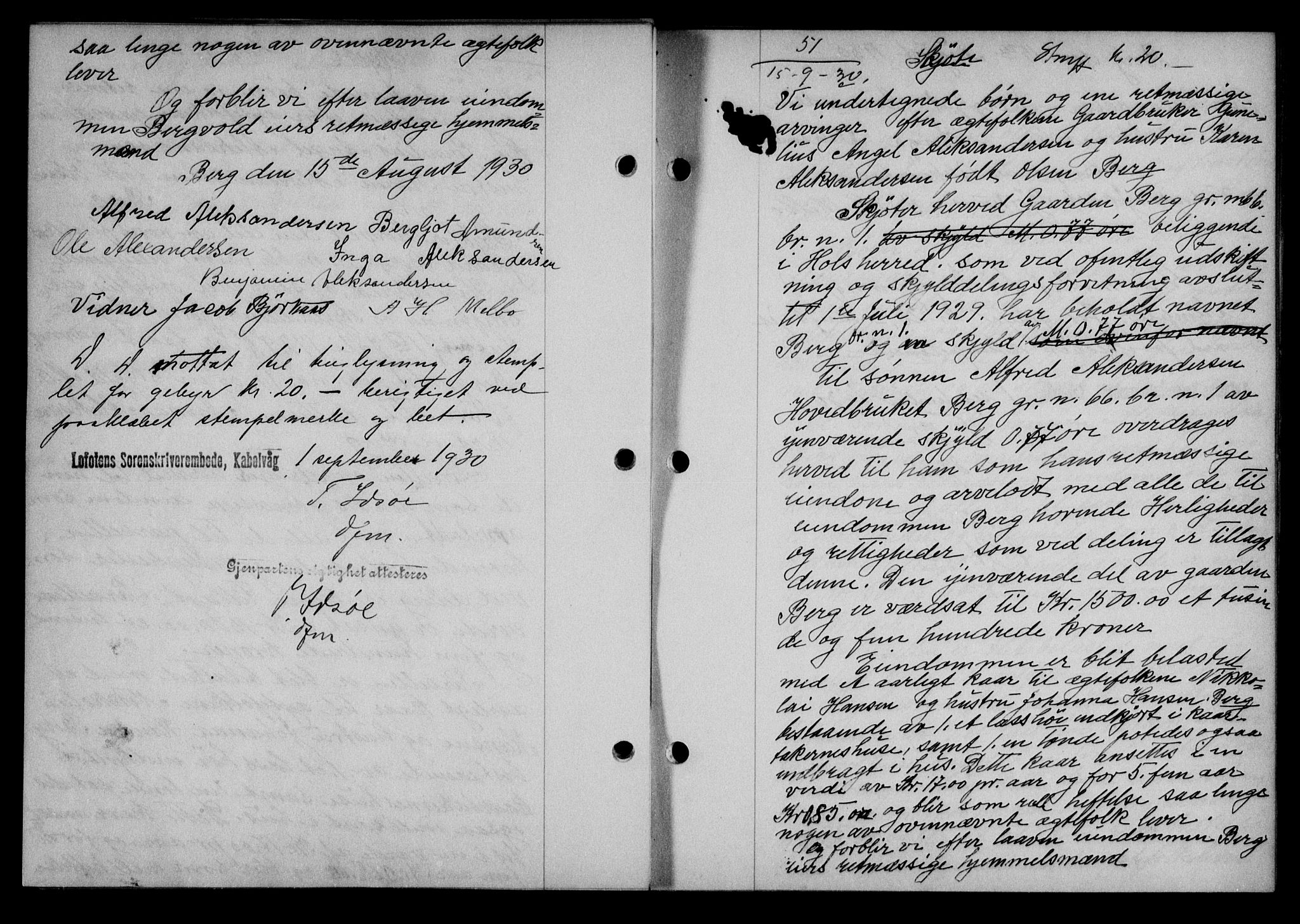 Lofoten sorenskriveri, AV/SAT-A-0017/1/2/2C/L0022b: Mortgage book no. 22b, 1930-1930, Deed date: 15.09.1930