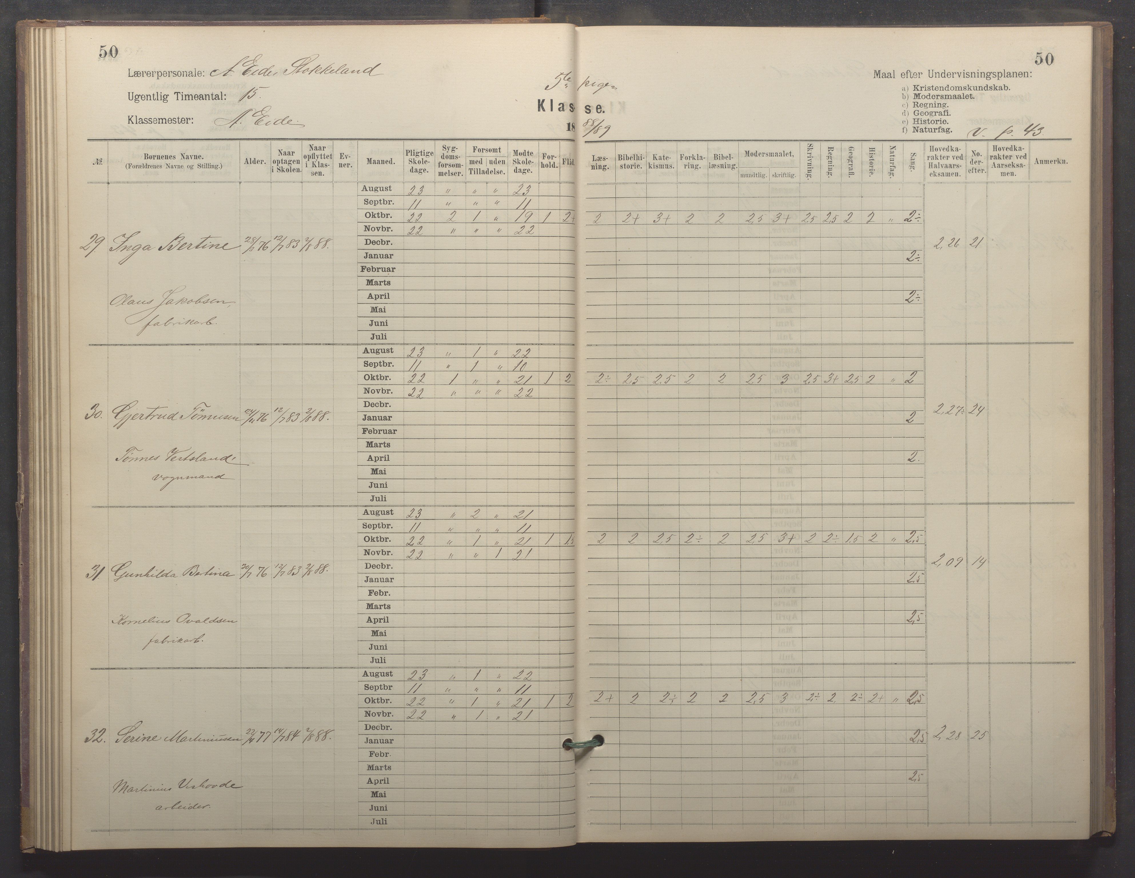 Egersund kommune (Ladested) - Egersund almueskole/folkeskole, IKAR/K-100521/H/L0022: Skoleprotokoll - Almueskolen, 5. klasse, 1886-1892, p. 50